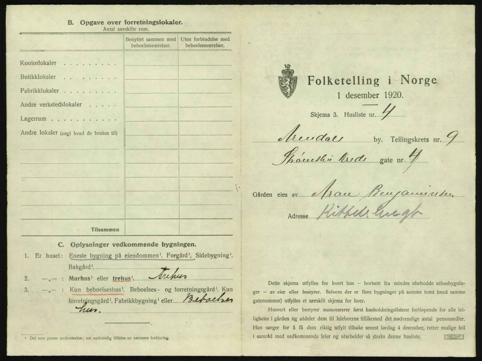 SAK, 1920 census for Arendal, 1920, p. 1110