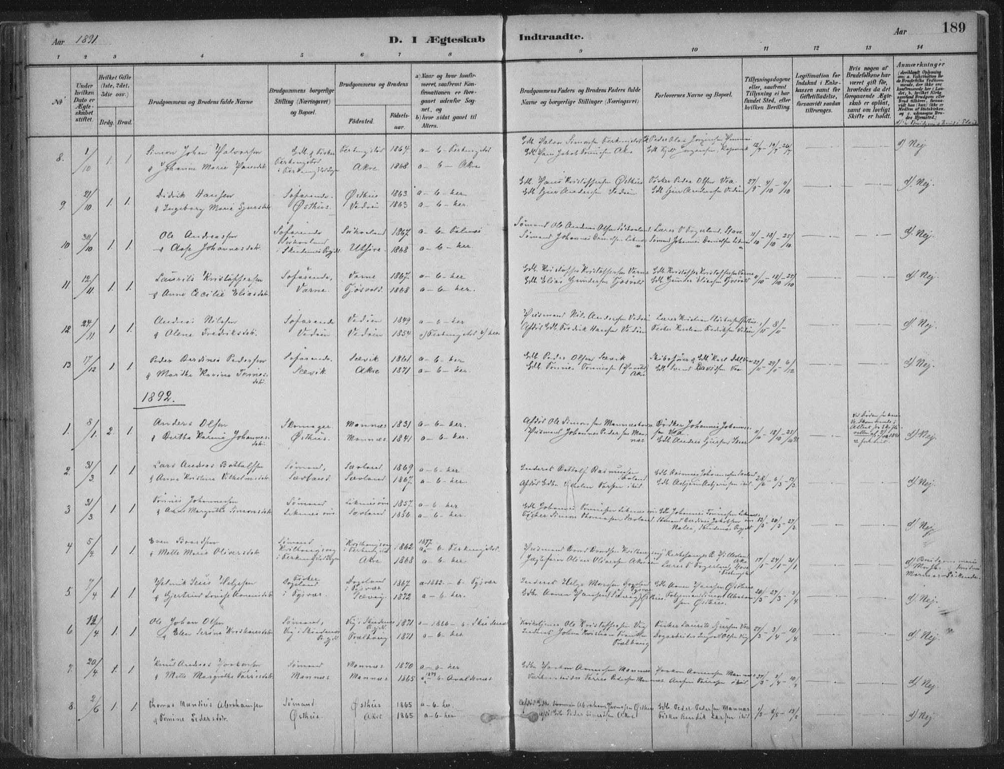 Kopervik sokneprestkontor, SAST/A-101850/H/Ha/Haa/L0004: Parish register (official) no. A 4, 1882-1905, p. 189