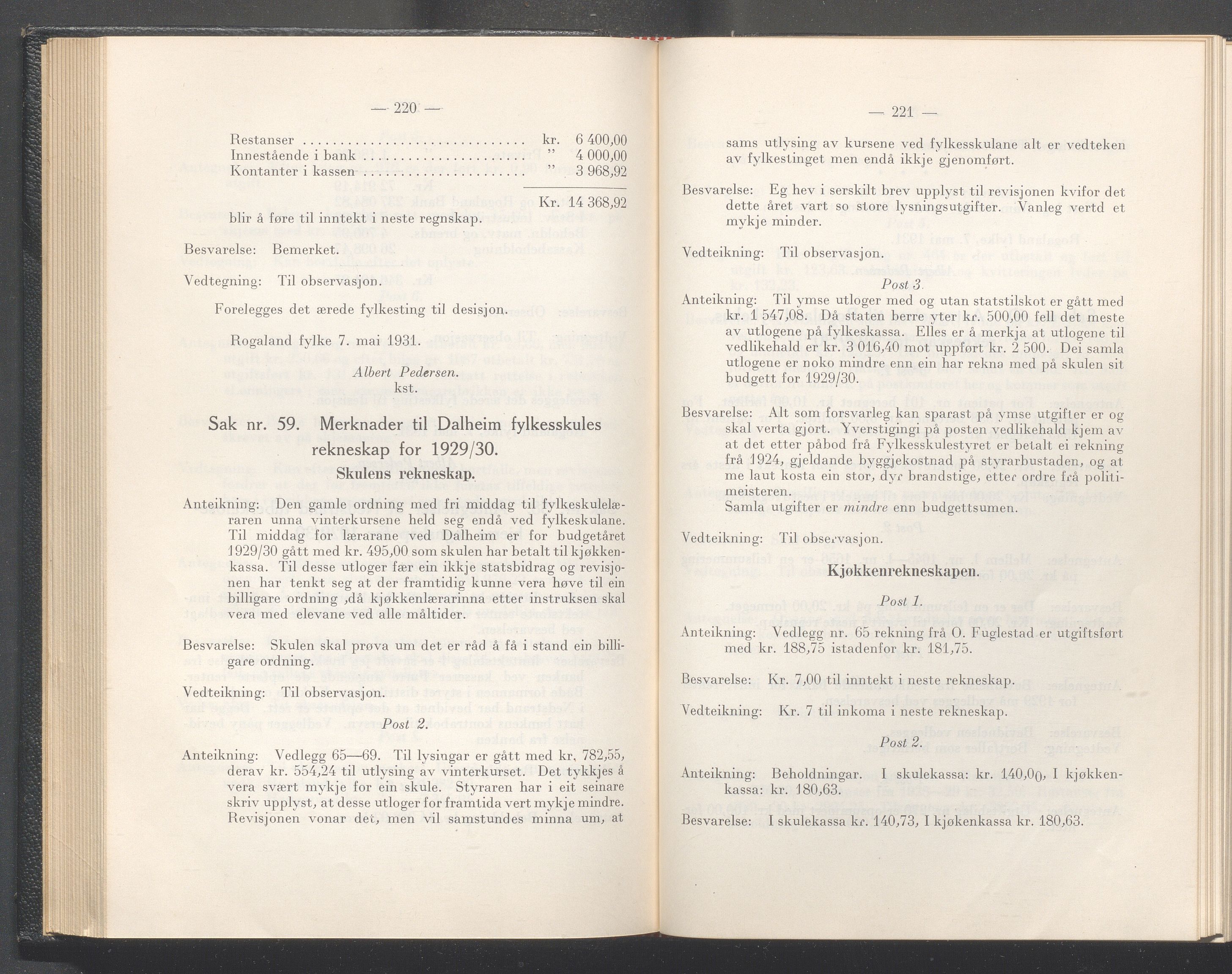 Rogaland fylkeskommune - Fylkesrådmannen , IKAR/A-900/A/Aa/Aaa/L0050: Møtebok , 1931, p. 220-221