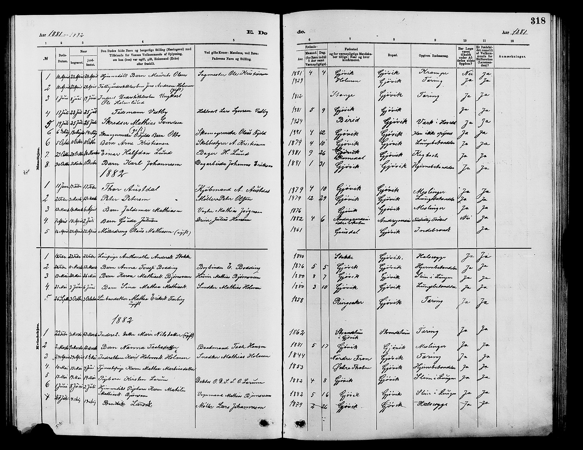 Vardal prestekontor, SAH/PREST-100/H/Ha/Hab/L0007: Parish register (copy) no. 7 /2, 1881-1895, p. 318
