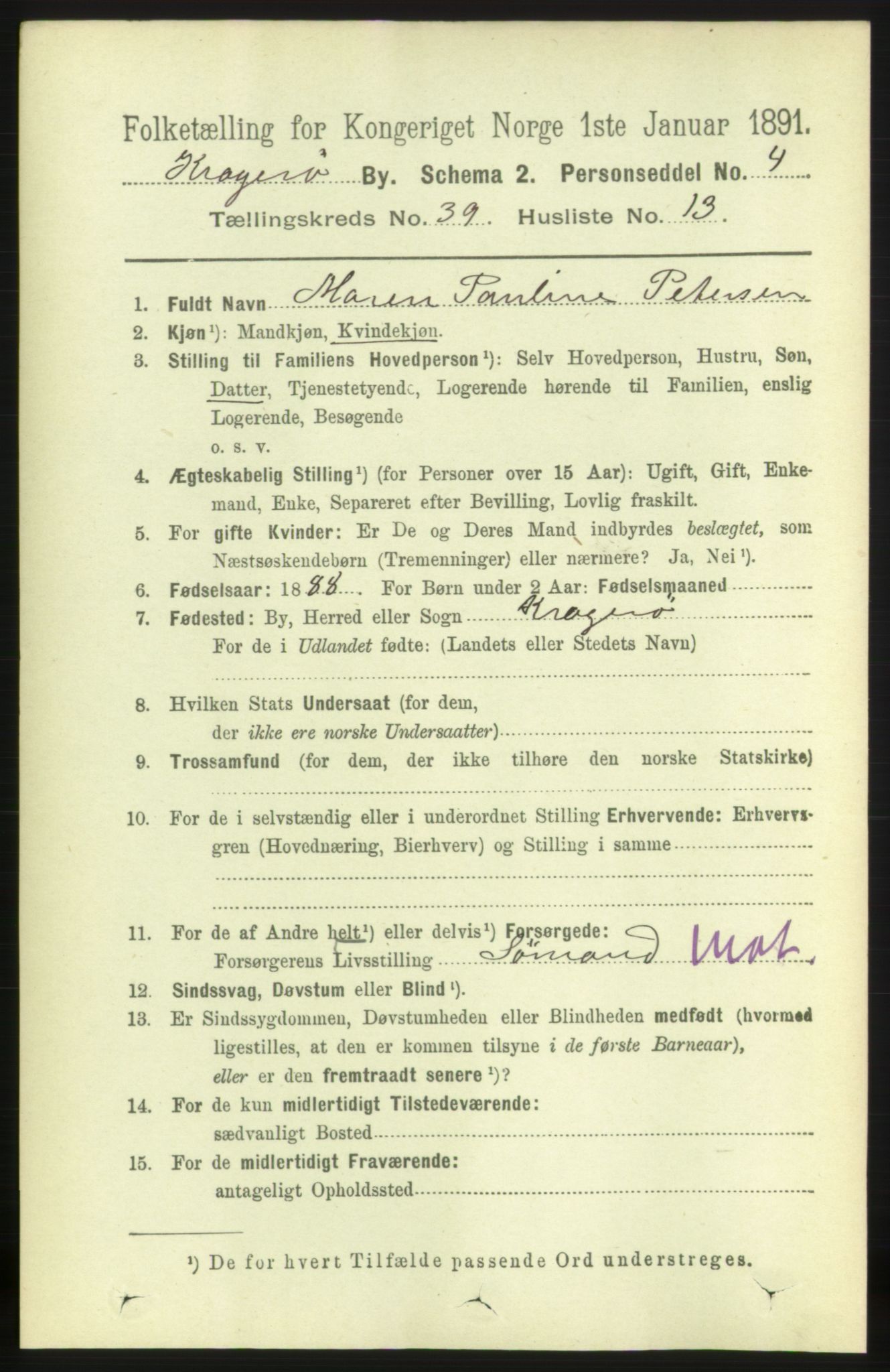 RA, 1891 census for 0801 Kragerø, 1891, p. 7390