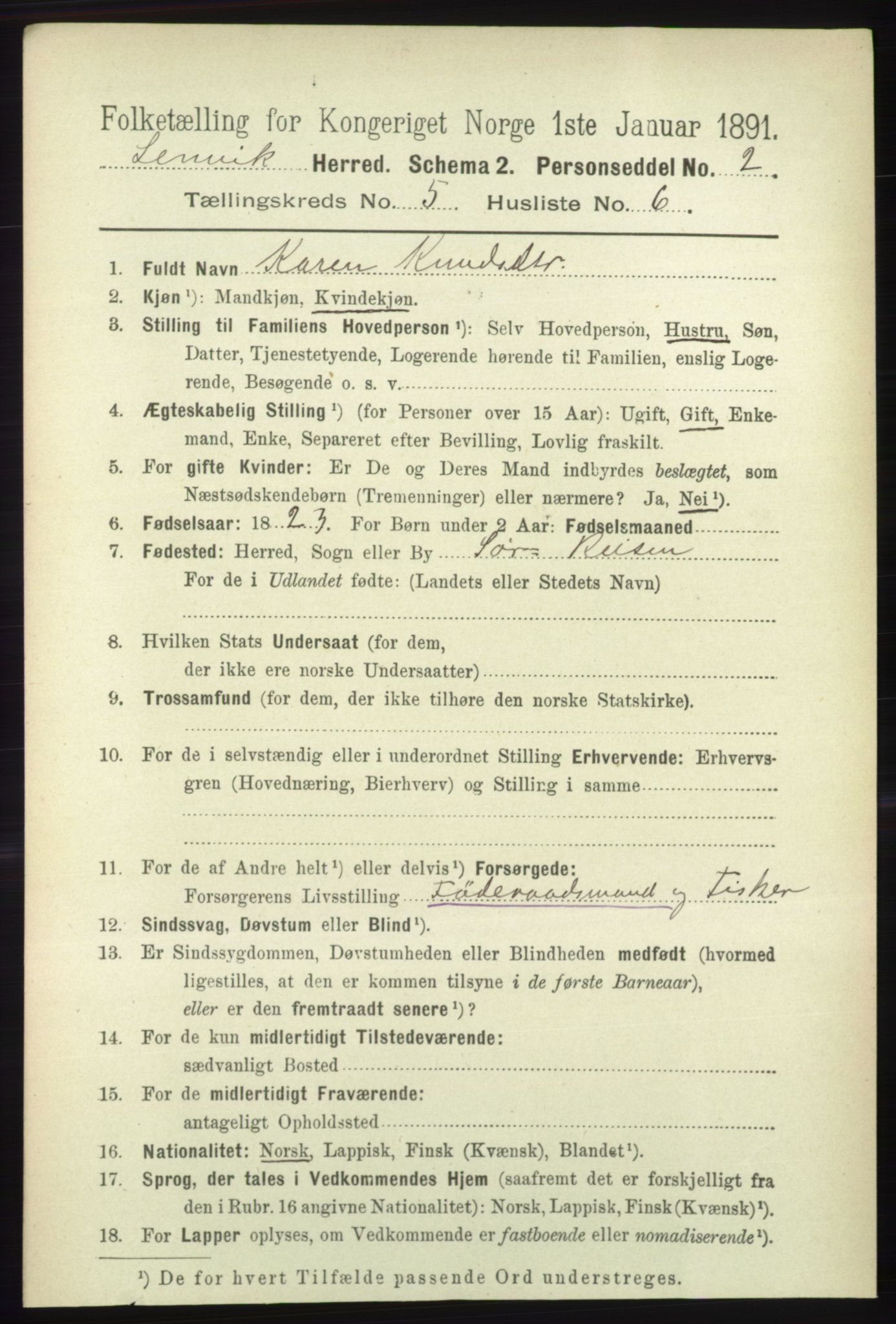 RA, 1891 census for 1931 Lenvik, 1891, p. 2582