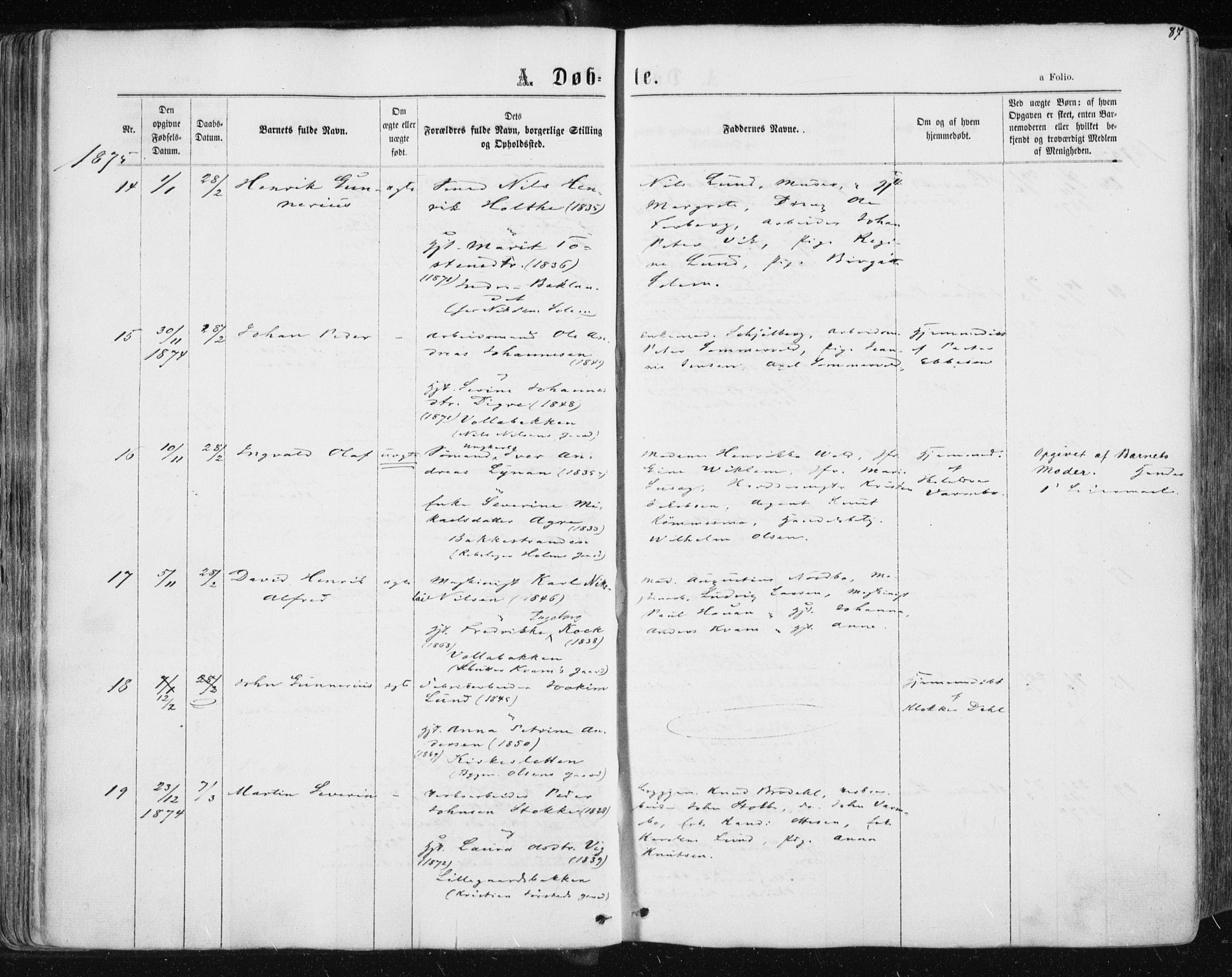 Ministerialprotokoller, klokkerbøker og fødselsregistre - Sør-Trøndelag, AV/SAT-A-1456/604/L0186: Parish register (official) no. 604A07, 1866-1877, p. 87