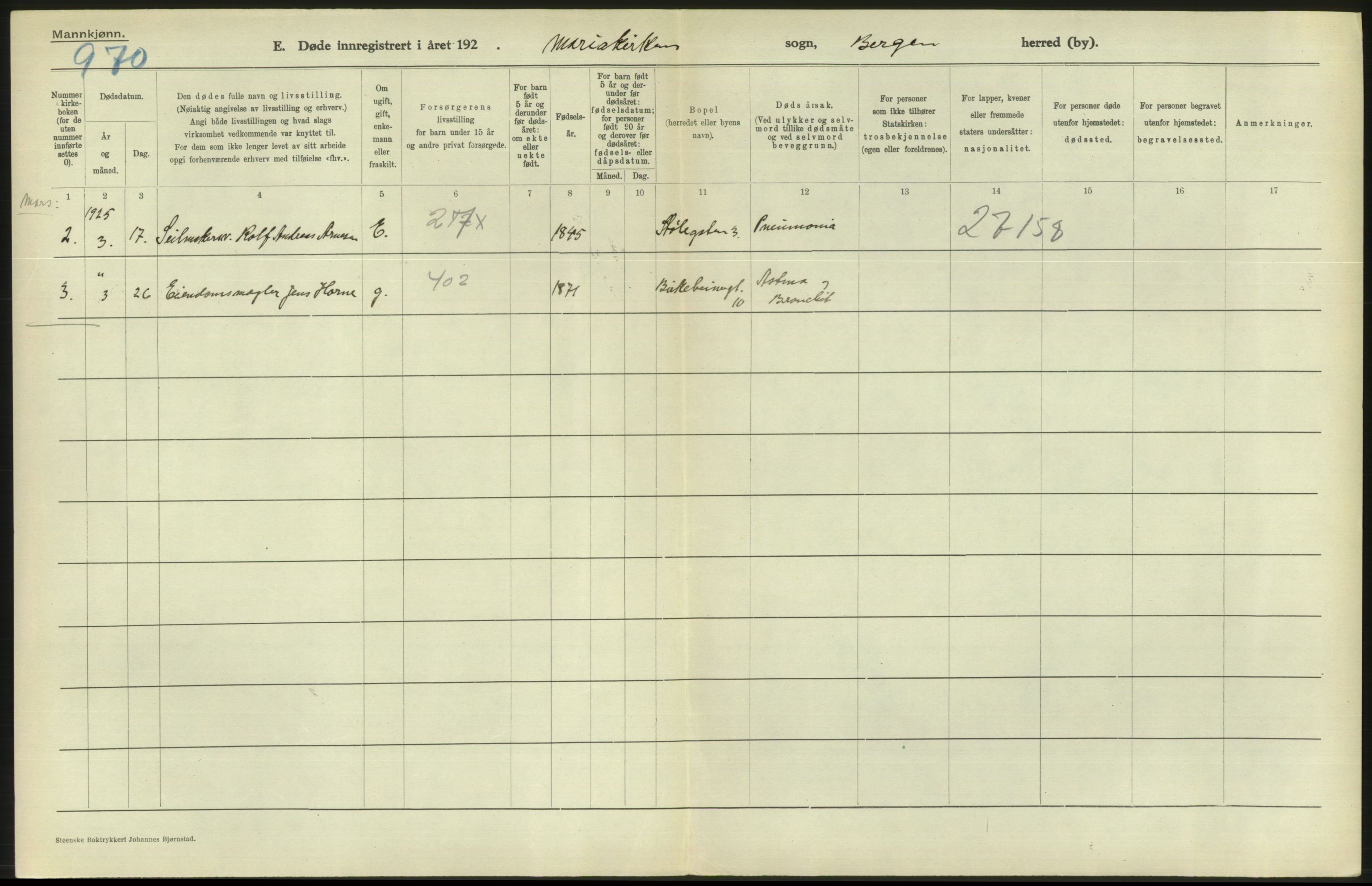 Statistisk sentralbyrå, Sosiodemografiske emner, Befolkning, RA/S-2228/D/Df/Dfc/Dfce/L0029: Bergen: Gifte, døde., 1925, p. 418