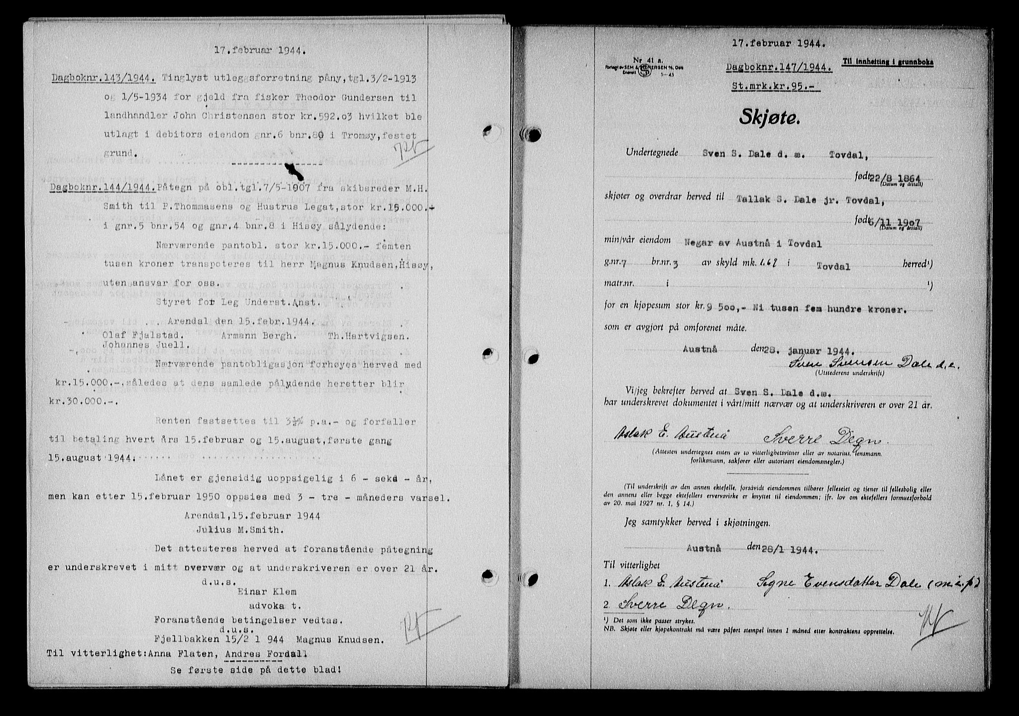 Nedenes sorenskriveri, SAK/1221-0006/G/Gb/Gba/L0051: Mortgage book no. A-V, 1943-1944, Diary no: : 147/1944