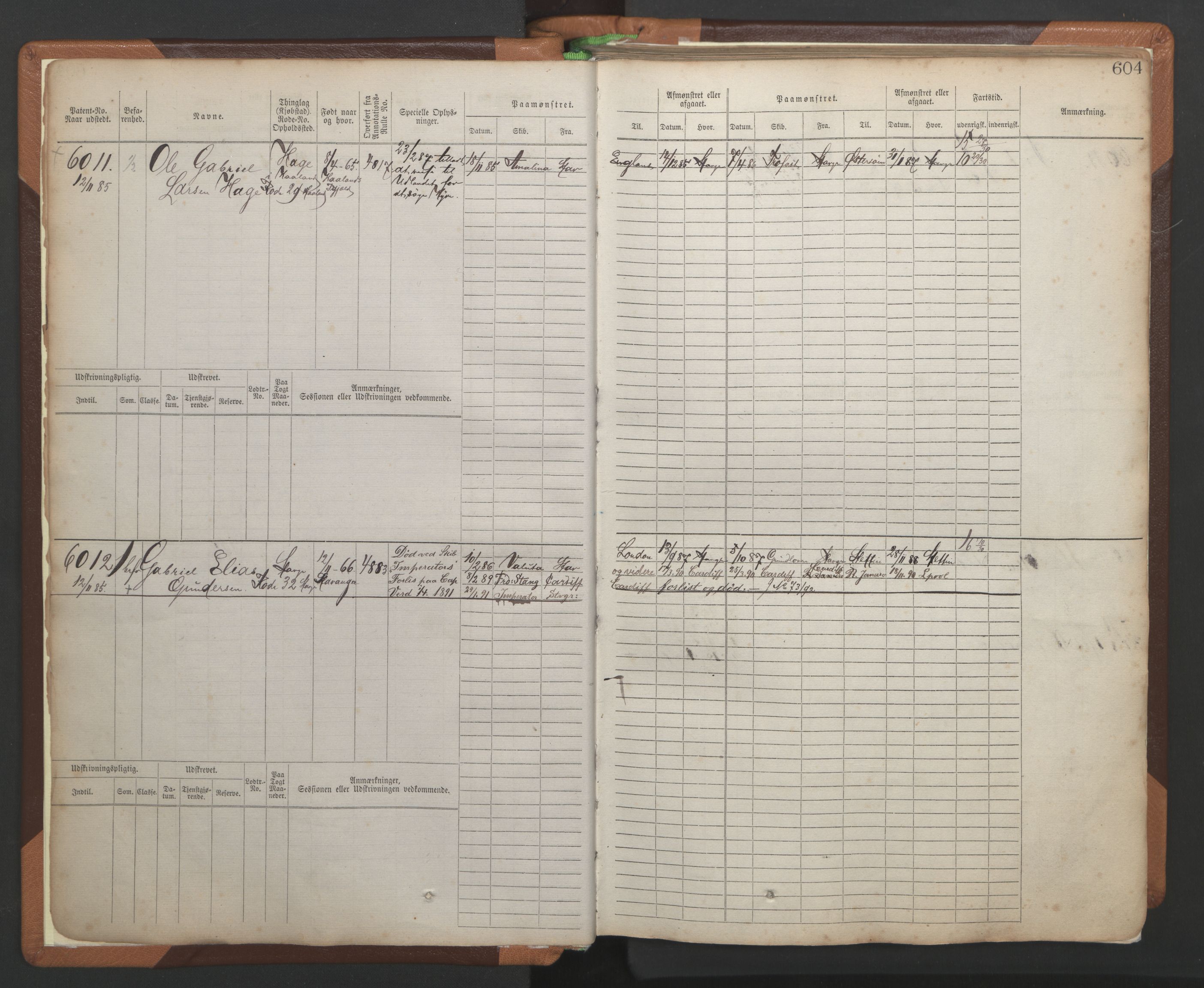 Stavanger sjømannskontor, AV/SAST-A-102006/F/Fb/Fbb/L0010: Sjøfartshovedrulle, patentnr. 6007-6606 (del 1), 1887-1896, p. 8