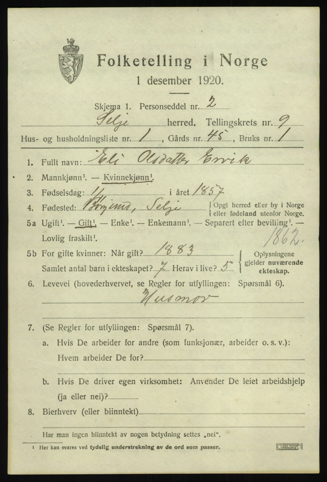 SAB, 1920 census for Selje, 1920, p. 4319