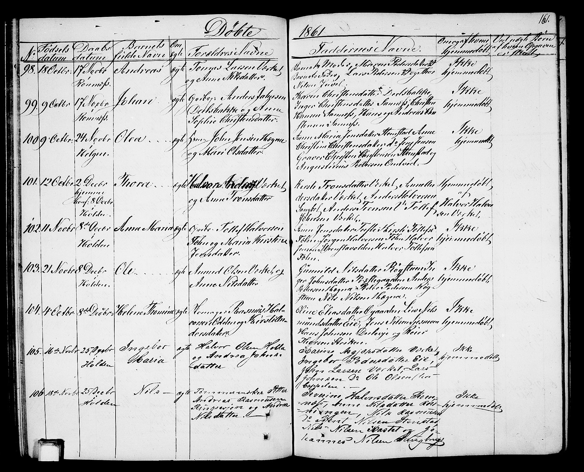 Holla kirkebøker, SAKO/A-272/G/Ga/L0003: Parish register (copy) no. I 3, 1849-1866, p. 161