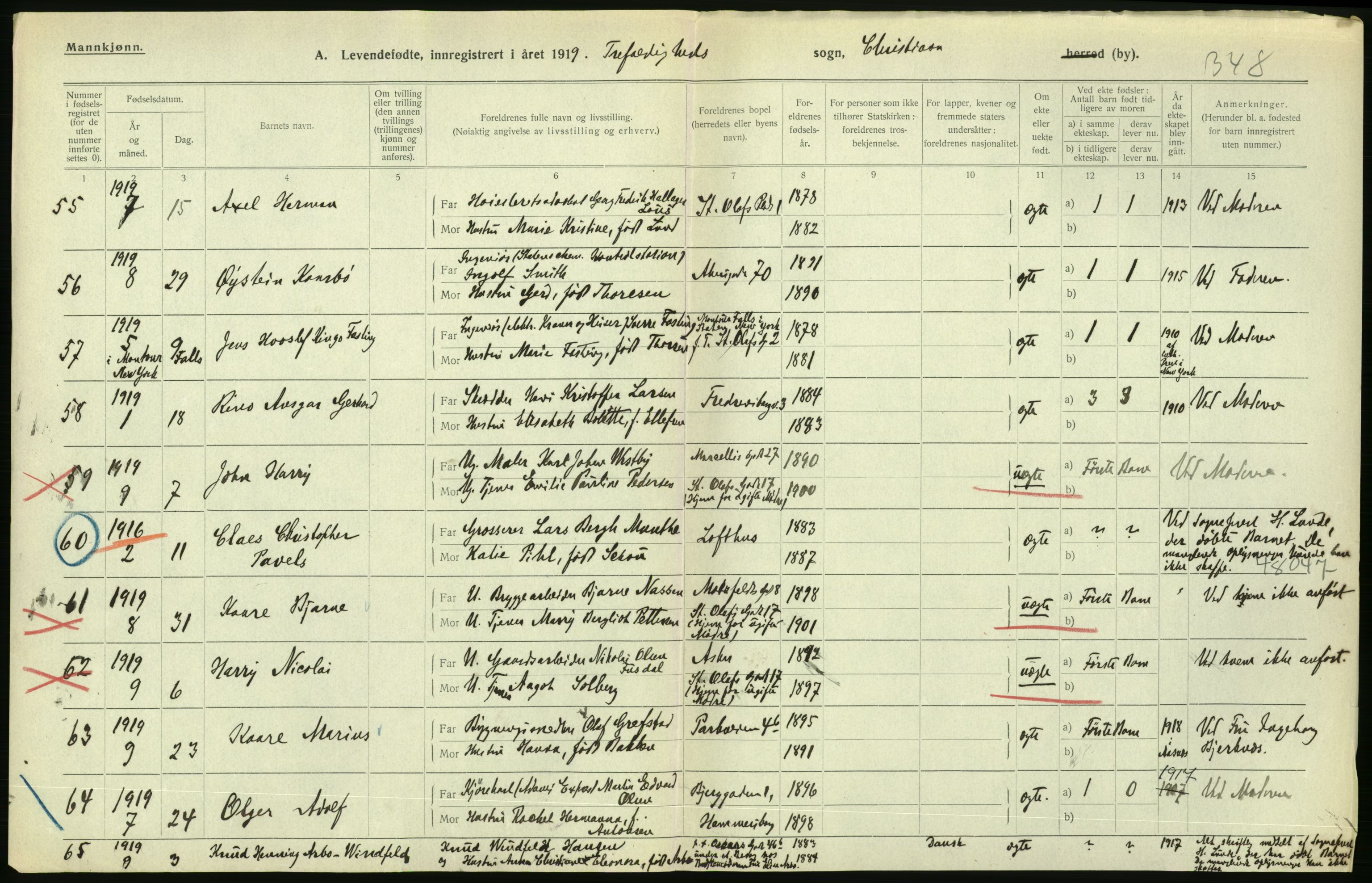 Statistisk sentralbyrå, Sosiodemografiske emner, Befolkning, AV/RA-S-2228/D/Df/Dfb/Dfbi/L0007: Kristiania: Levendefødte menn og kvinner., 1919, p. 336