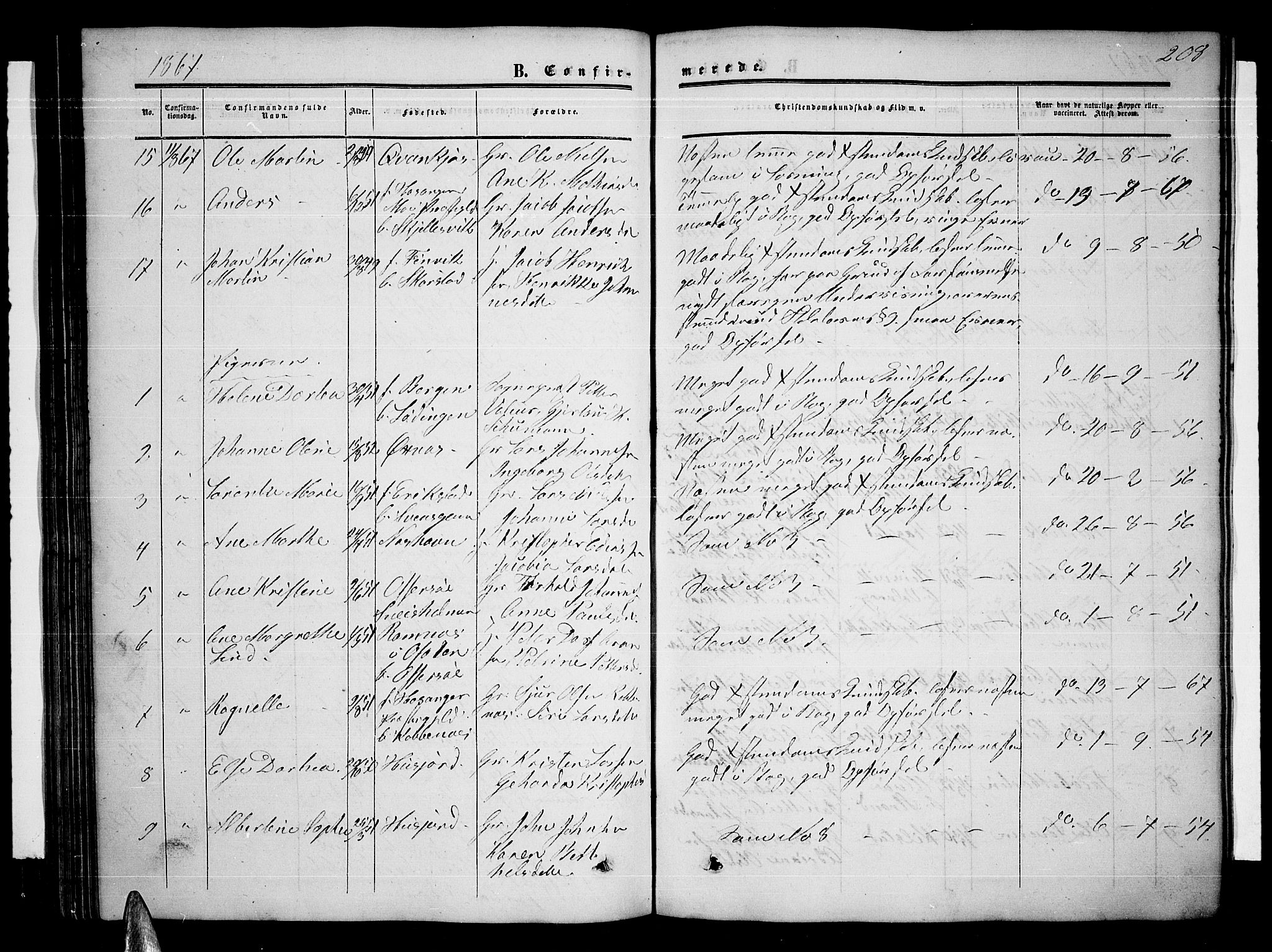 Ministerialprotokoller, klokkerbøker og fødselsregistre - Nordland, AV/SAT-A-1459/872/L1046: Parish register (copy) no. 872C02, 1852-1879, p. 208