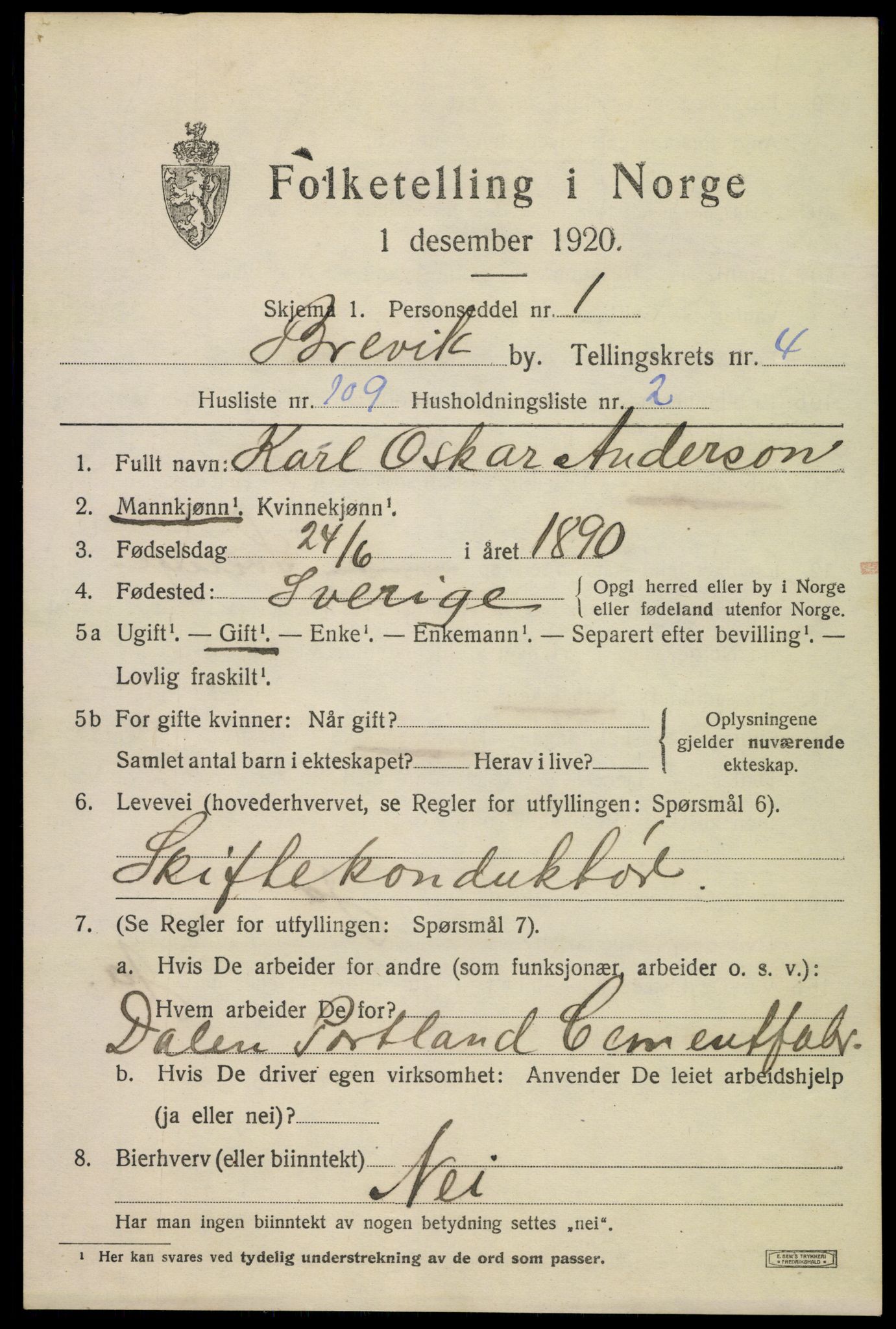 SAKO, 1920 census for Brevik, 1920, p. 7124