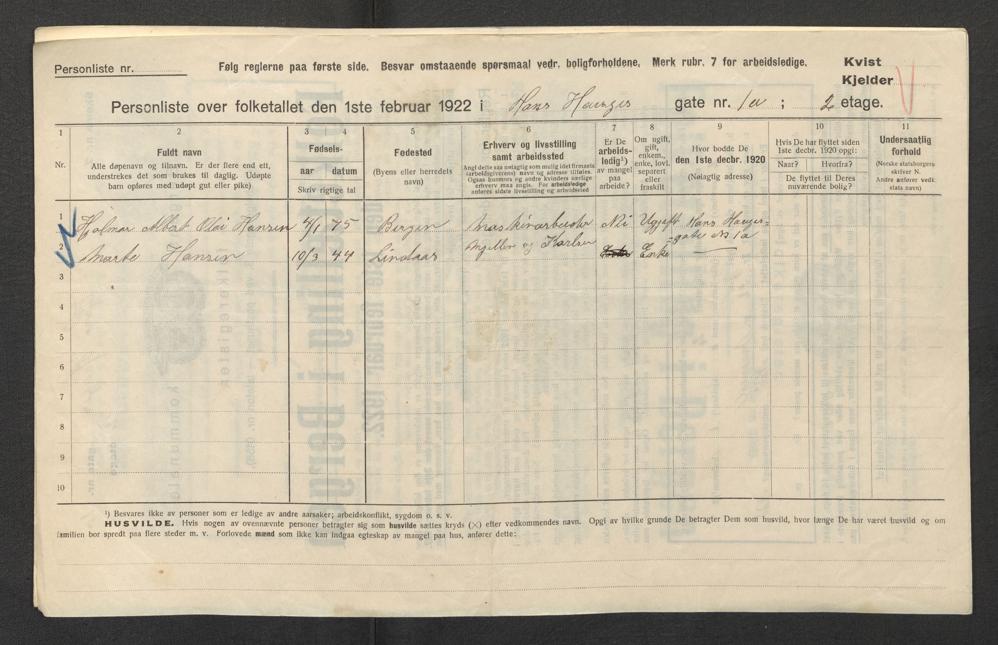 SAB, Municipal Census 1922 for Bergen, 1922, p. 12117