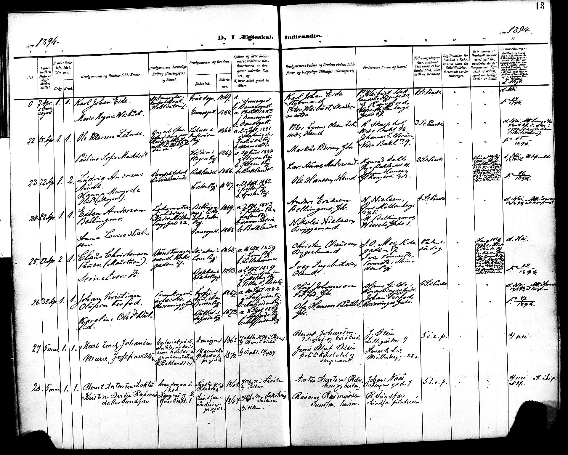 Ministerialprotokoller, klokkerbøker og fødselsregistre - Sør-Trøndelag, AV/SAT-A-1456/604/L0198: Parish register (official) no. 604A19, 1893-1900, p. 13