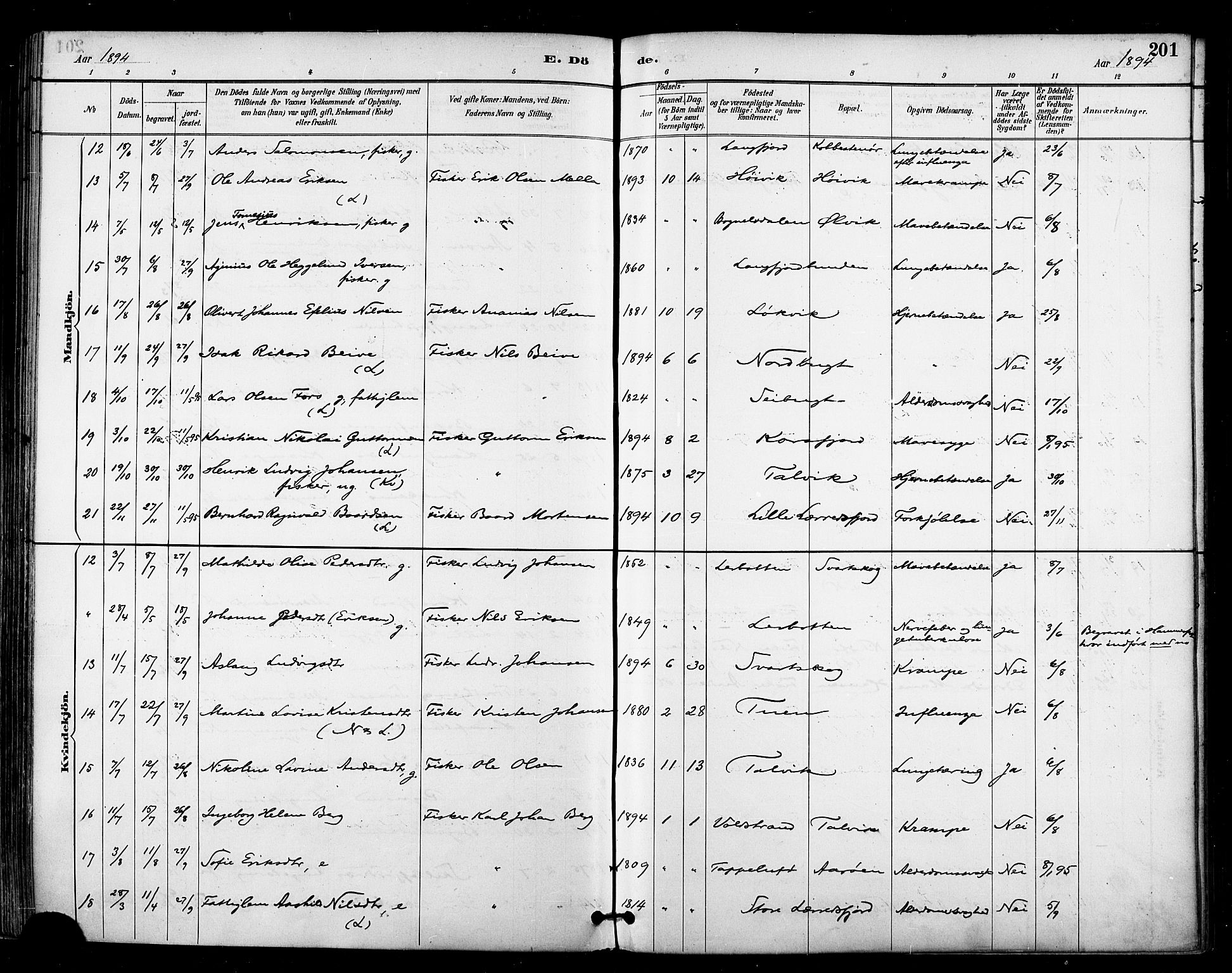 Talvik sokneprestkontor, AV/SATØ-S-1337/H/Ha/L0013kirke: Parish register (official) no. 13, 1886-1897, p. 201