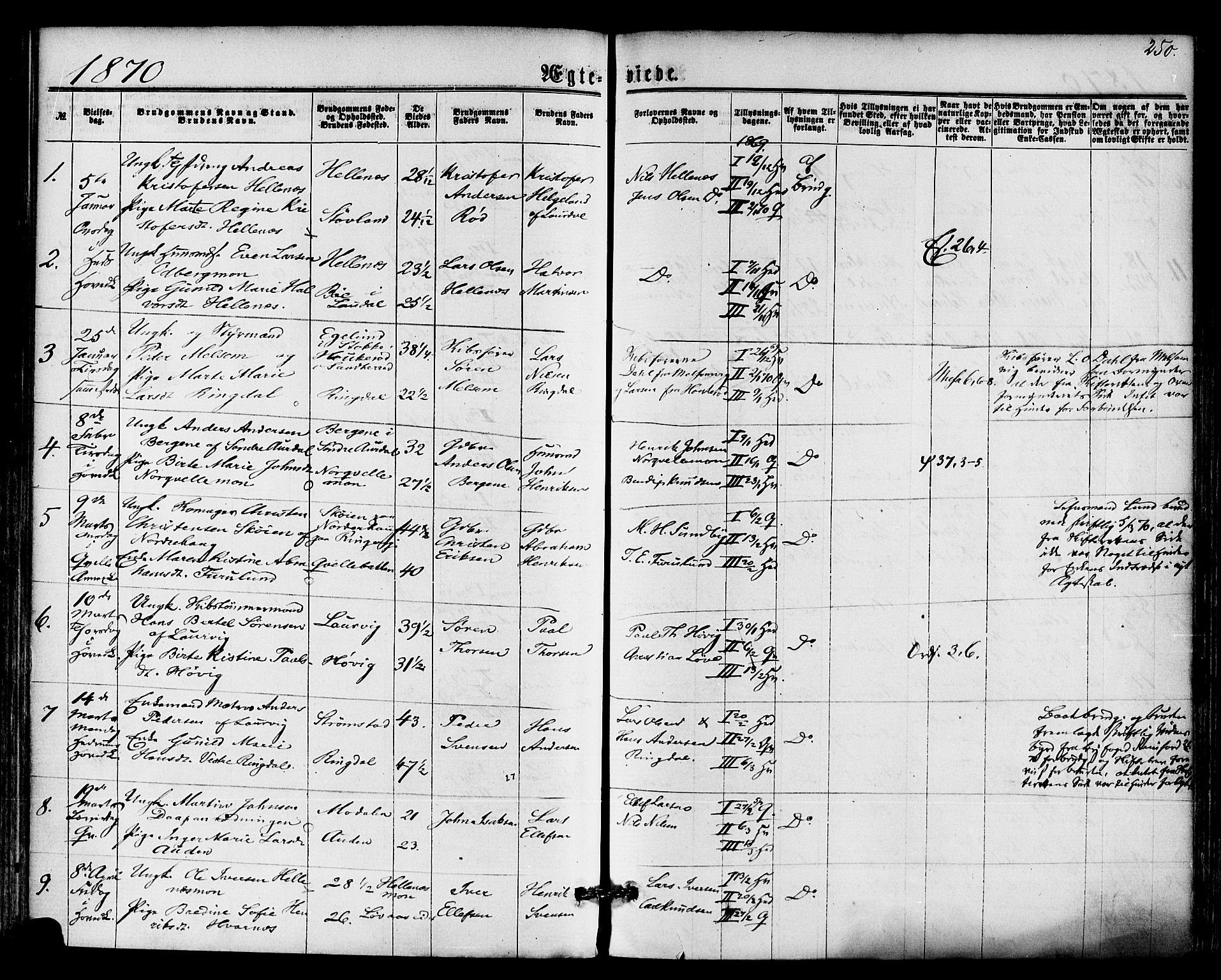 Hedrum kirkebøker, AV/SAKO-A-344/F/Fa/L0008: Parish register (official) no. I 8, 1869-1880, p. 250