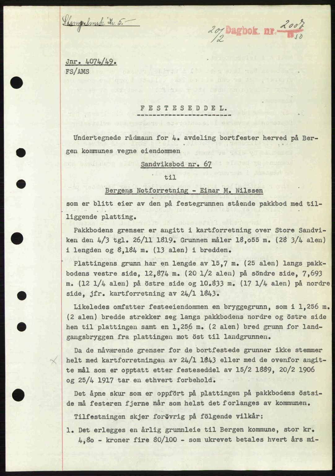 Byfogd og Byskriver i Bergen, AV/SAB-A-3401/03/03Bc/L0032: Mortgage book no. A26, 1950-1950, Diary no: : 2007/1950