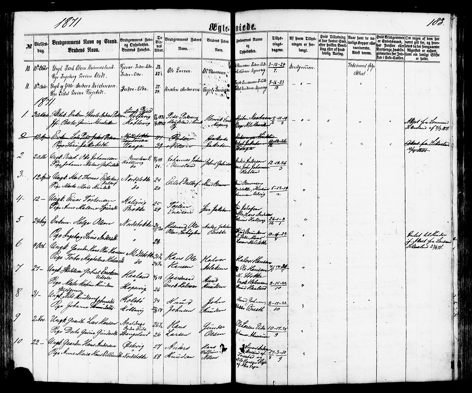 Avaldsnes sokneprestkontor, SAST/A -101851/H/Ha/Haa/L0011: Parish register (official) no. A 11, 1861-1880, p. 183