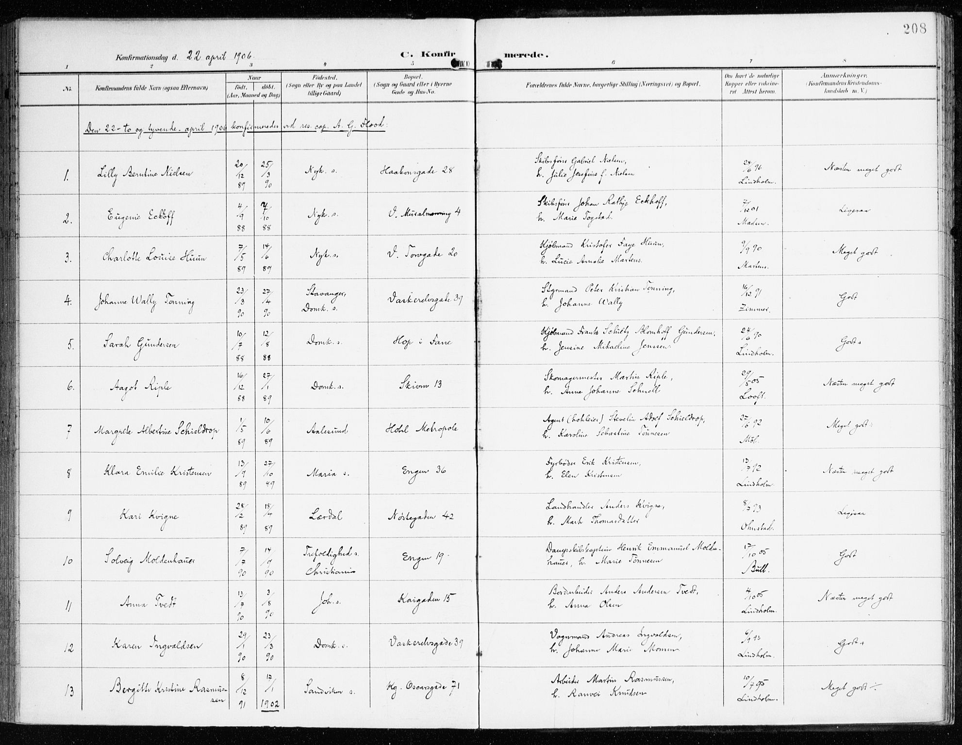 Domkirken sokneprestembete, SAB/A-74801/H/Haa/L0031: Parish register (official) no. C 6, 1898-1915, p. 208