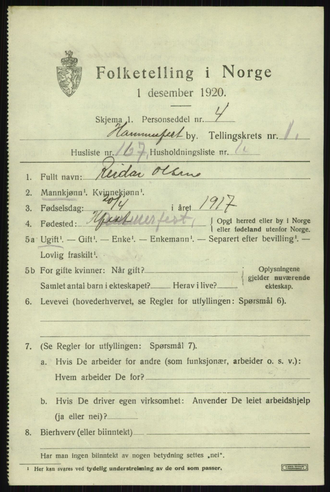 SATØ, 1920 census for Hammerfest, 1920, p. 4783