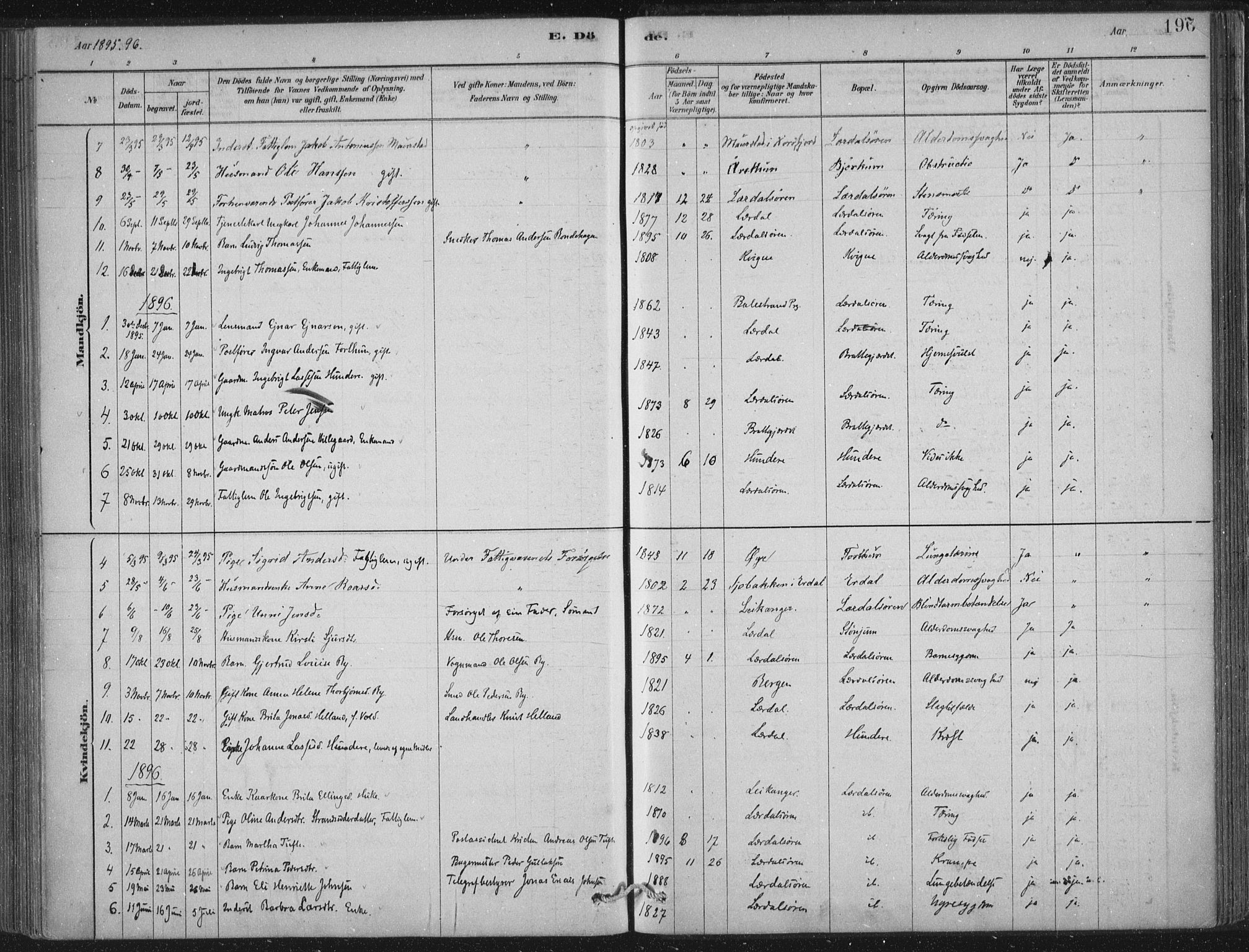 Lærdal sokneprestembete, SAB/A-81201: Parish register (official) no. D  1, 1878-1908, p. 196