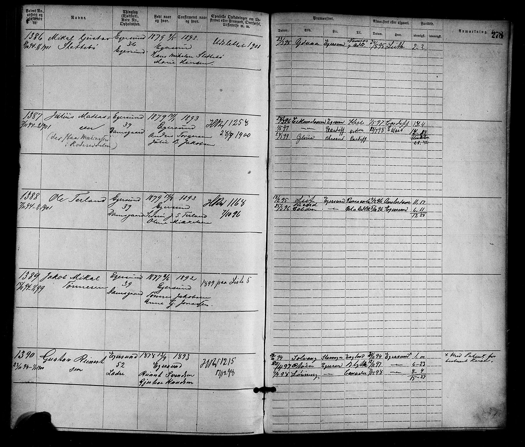 Egersund mønstringskrets, SAK/2031-0019/F/Fa/L0001: Annotasjonsrulle nr 1-1440 med register, O-1, 1869-1895, p. 303