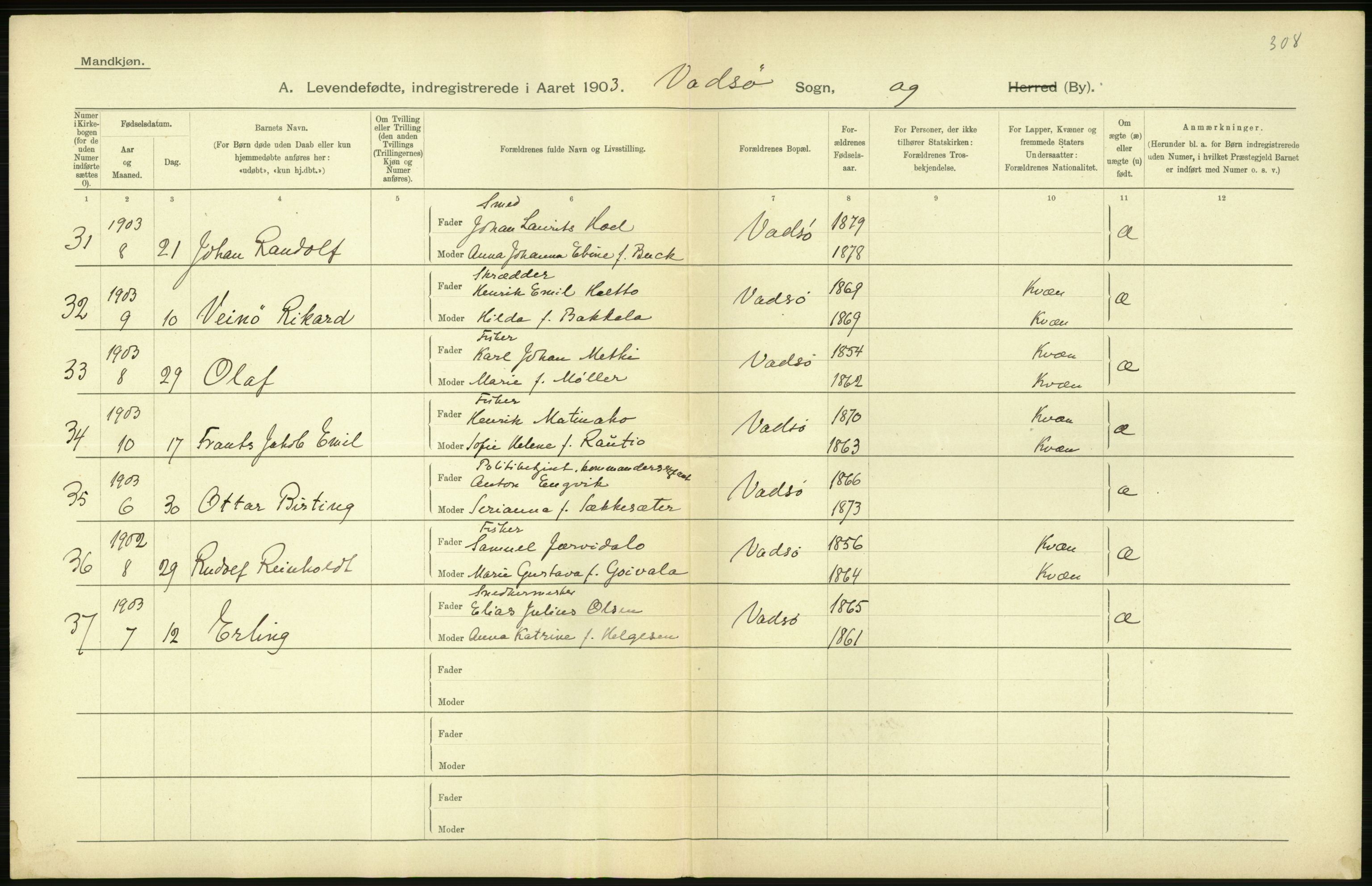 Statistisk sentralbyrå, Sosiodemografiske emner, Befolkning, AV/RA-S-2228/D/Df/Dfa/Dfaa/L0022: Finnmarkens amt: Fødte, gifte, døde., 1903, p. 126