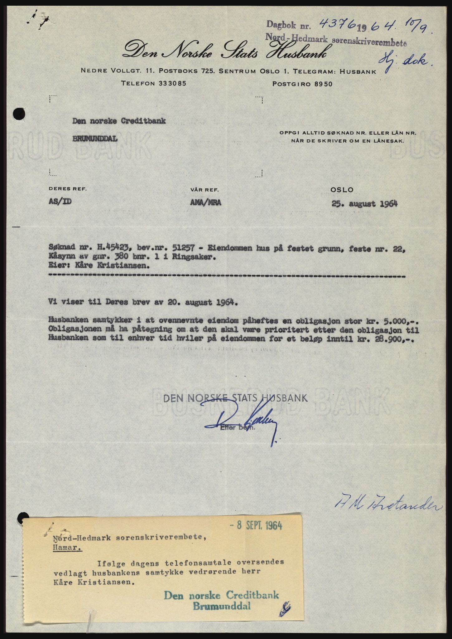 Nord-Hedmark sorenskriveri, SAH/TING-012/H/Hc/L0020: Mortgage book no. 20, 1964-1964, Diary no: : 4376/1964