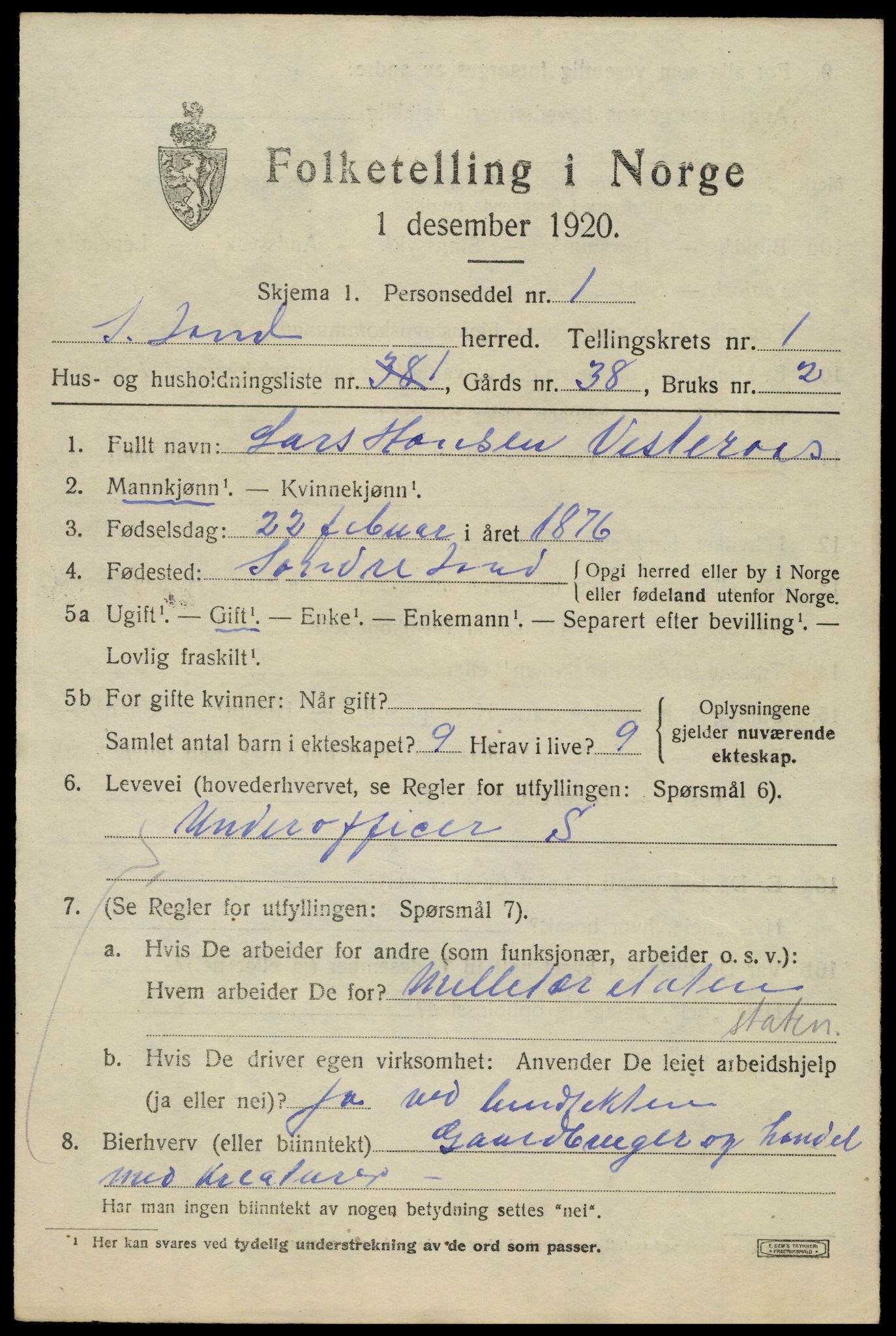 SAH, 1920 census for Søndre Land, 1920, p. 1221