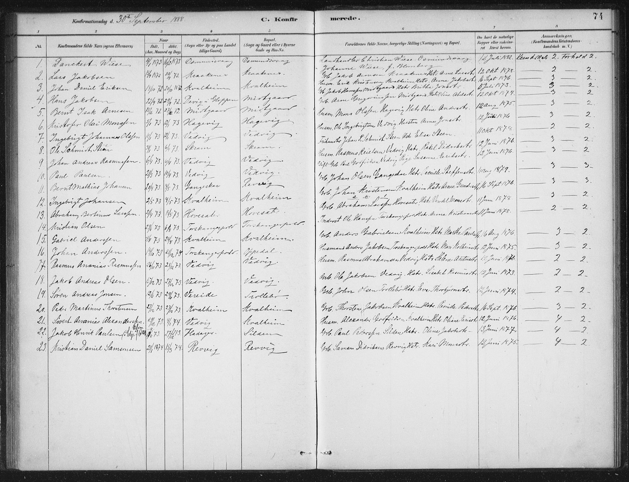 Selje sokneprestembete, AV/SAB-A-99938/H/Ha/Haa/Haac/L0001: Parish register (official) no. C  1, 1881-1888, p. 74