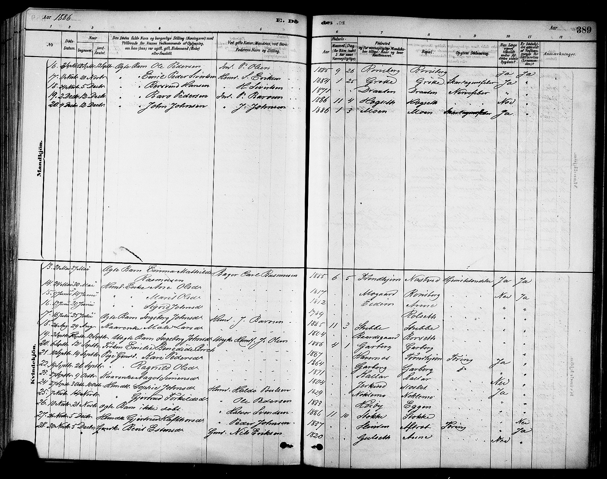 Ministerialprotokoller, klokkerbøker og fødselsregistre - Sør-Trøndelag, SAT/A-1456/695/L1148: Parish register (official) no. 695A08, 1878-1891, p. 389