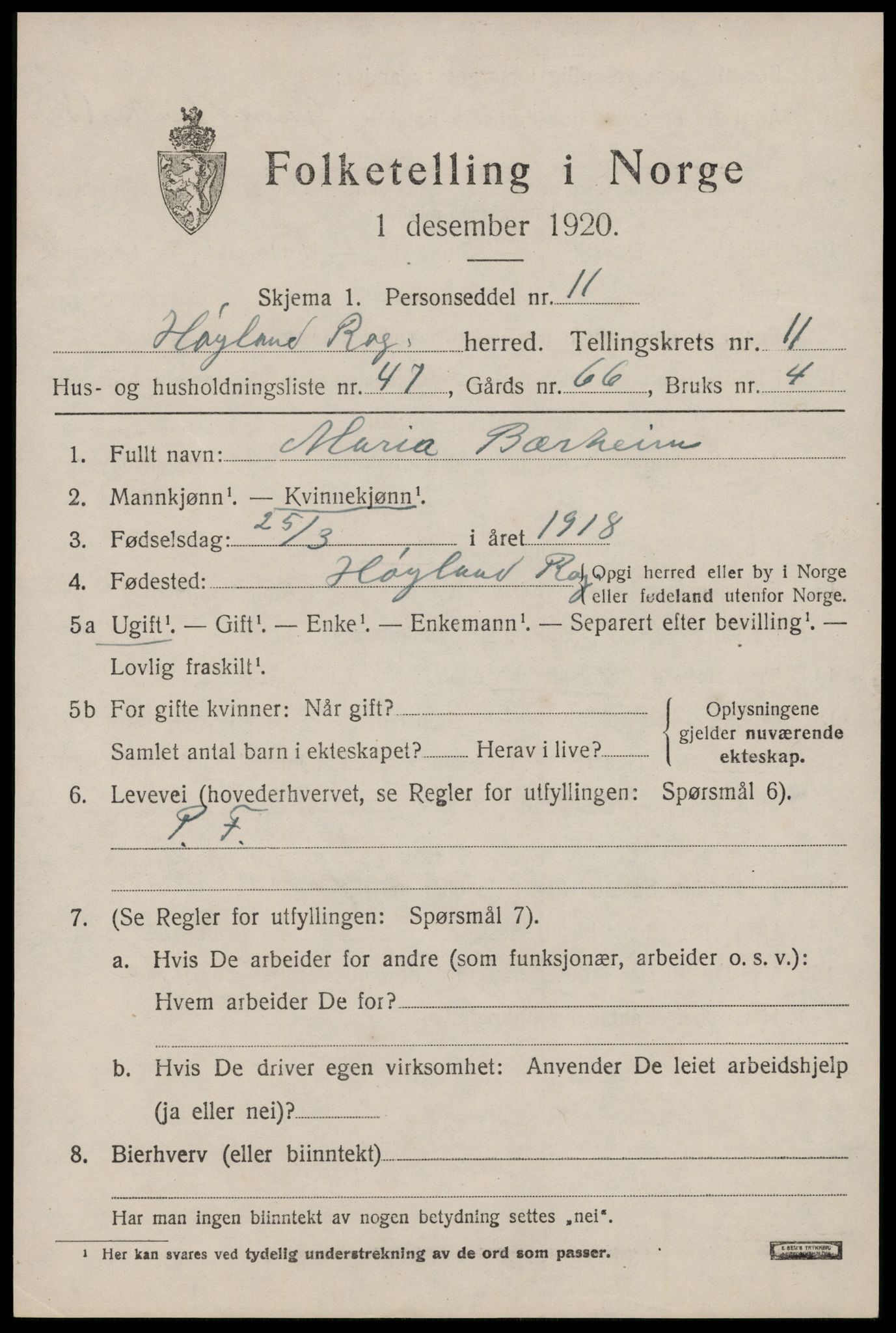 SAST, 1920 census for Høyland, 1920, p. 9310