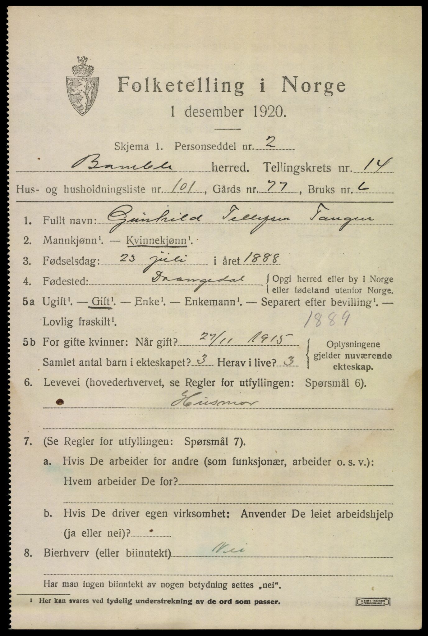 SAKO, 1920 census for Bamble, 1920, p. 10841