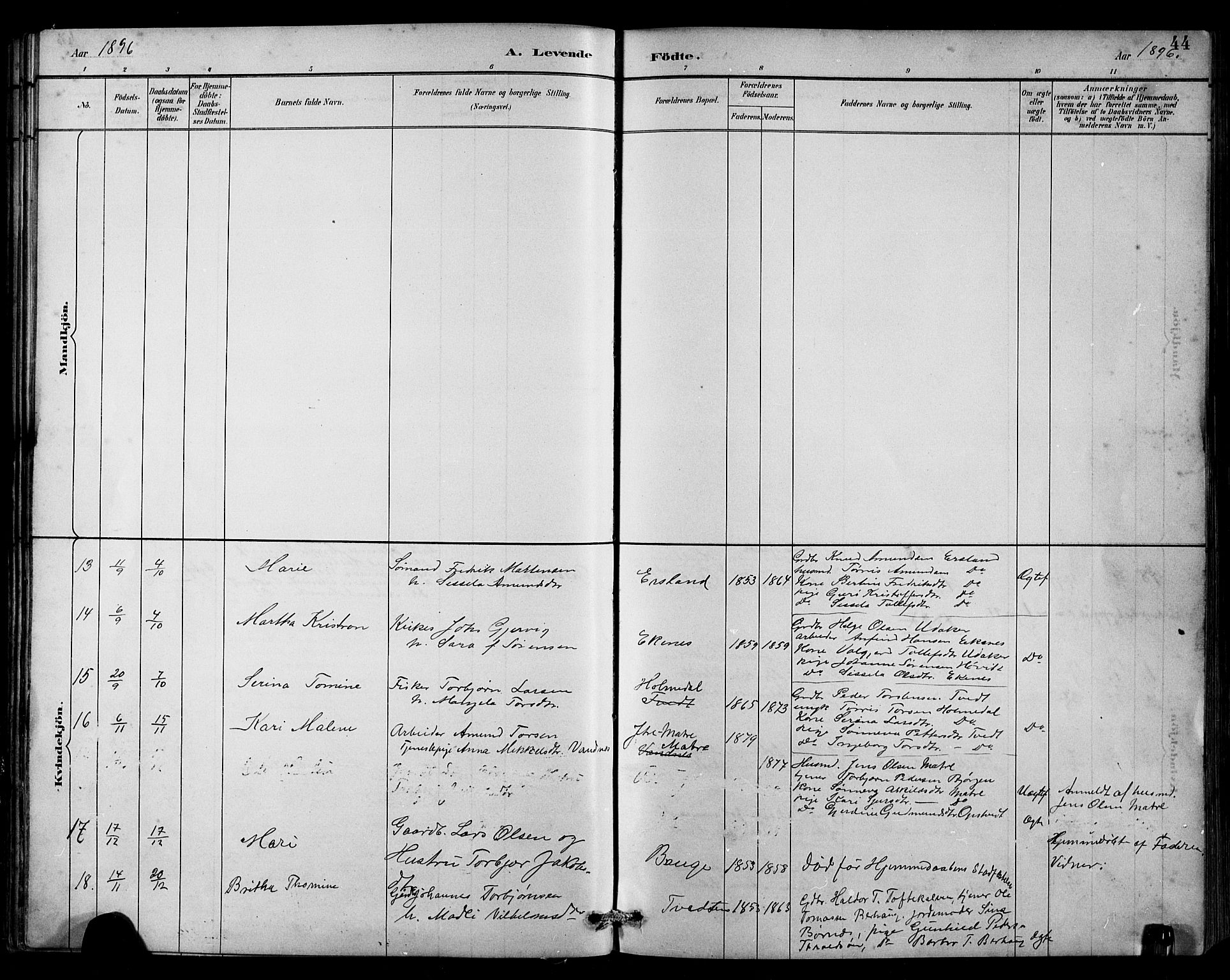 Husnes Sokneprestembete, SAB/A-75901/H/Hab: Parish register (copy) no. B 2, 1884-1914, p. 44