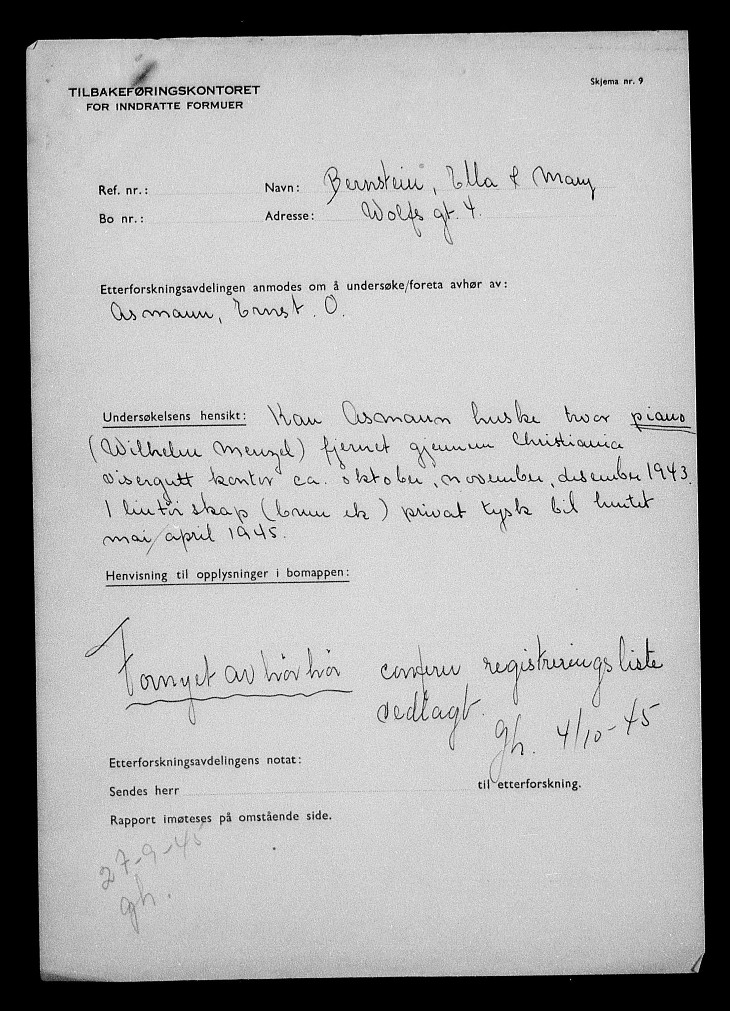 Justisdepartementet, Tilbakeføringskontoret for inndratte formuer, AV/RA-S-1564/H/Hc/Hcc/L0922: --, 1945-1947, p. 11