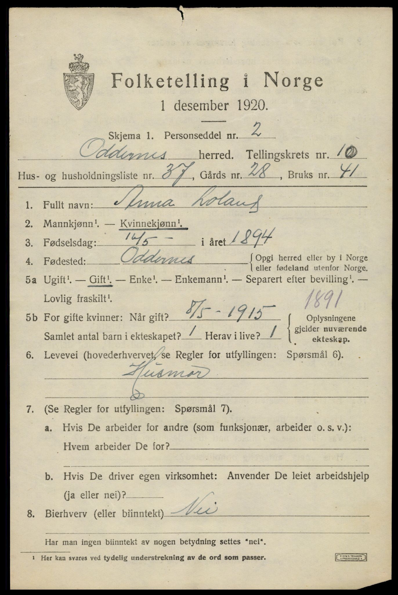 SAK, 1920 census for Oddernes, 1920, p. 6833