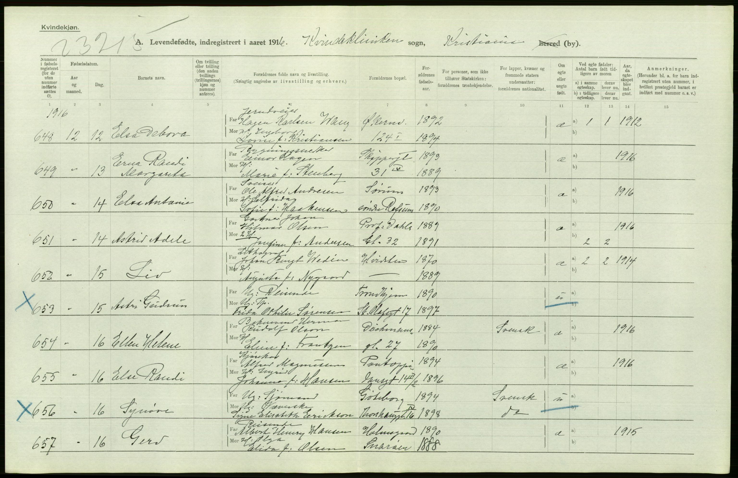 Statistisk sentralbyrå, Sosiodemografiske emner, Befolkning, RA/S-2228/D/Df/Dfb/Dfbf/L0007: Kristiania: Levendefødte menn og kvinner., 1916, p. 302