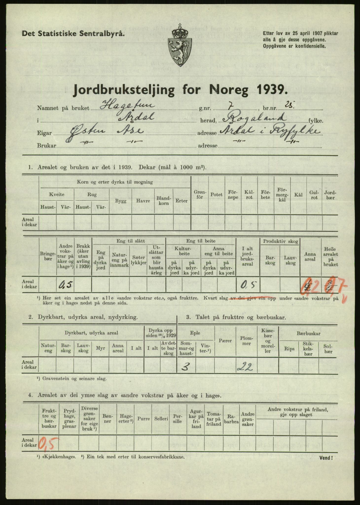 Statistisk sentralbyrå, Næringsøkonomiske emner, Jordbruk, skogbruk, jakt, fiske og fangst, AV/RA-S-2234/G/Gb/L0184: Rogaland: Årdal, Fister og Hjelmeland, 1939, p. 379