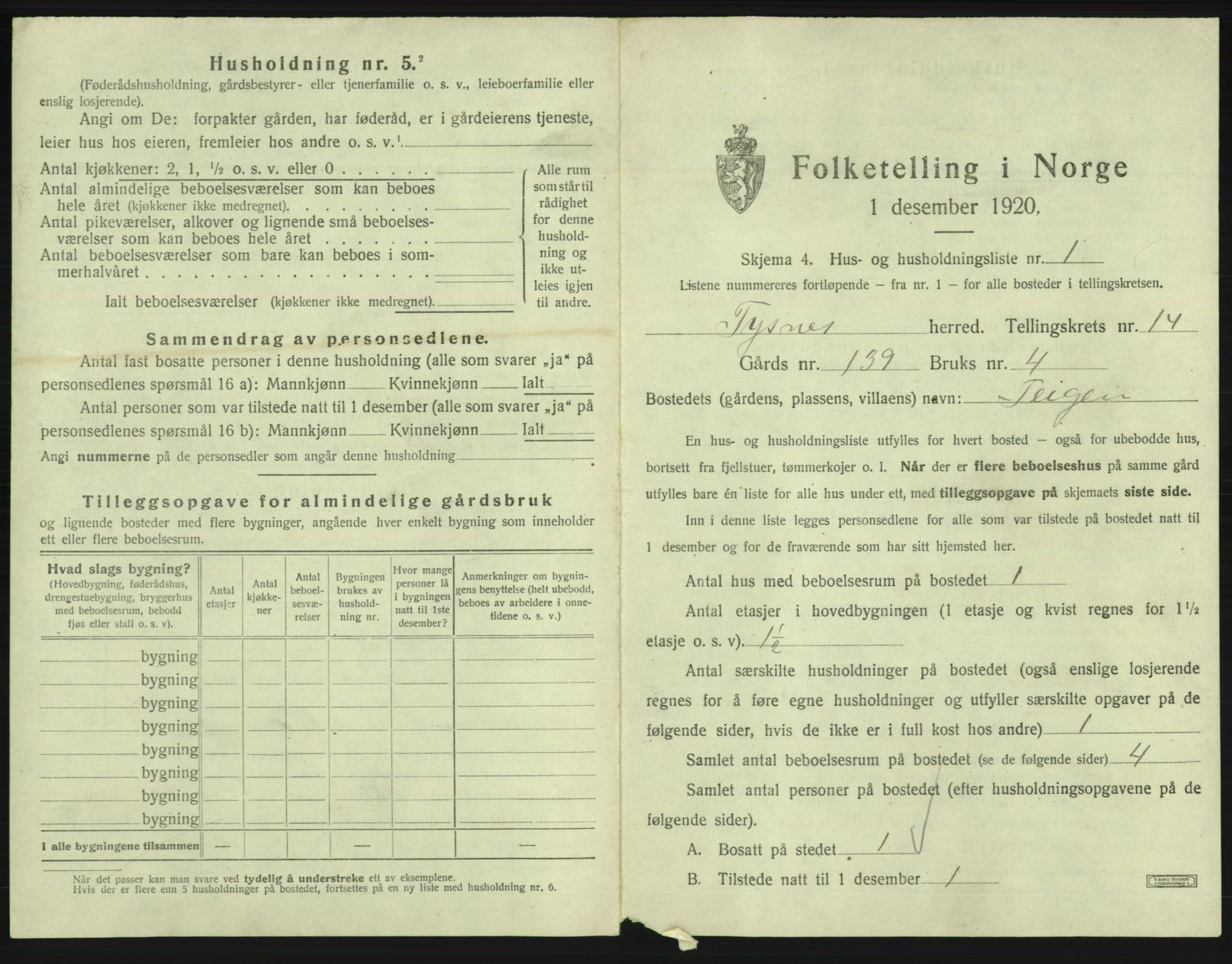 SAB, 1920 census for Tysnes, 1920, p. 1387
