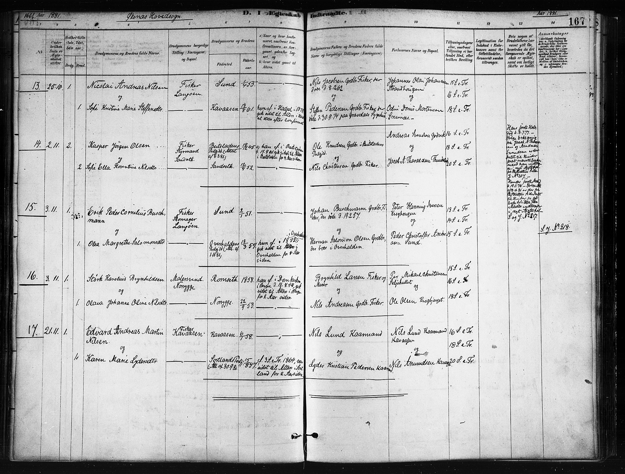 Ministerialprotokoller, klokkerbøker og fødselsregistre - Nordland, AV/SAT-A-1459/893/L1335: Parish register (official) no. 893A08 /1, 1878-1884, p. 167