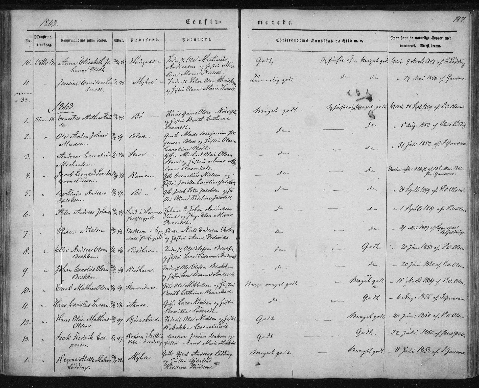 Ministerialprotokoller, klokkerbøker og fødselsregistre - Nordland, AV/SAT-A-1459/897/L1396: Parish register (official) no. 897A04, 1842-1866, p. 147