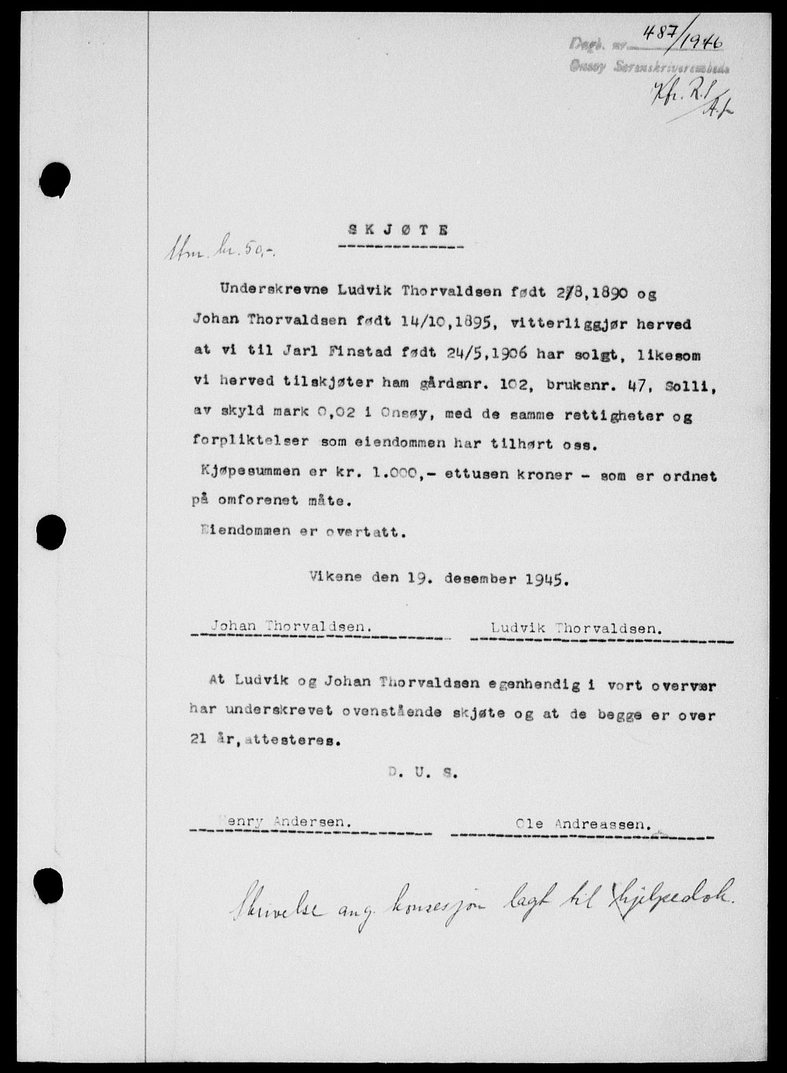 Onsøy sorenskriveri, SAO/A-10474/G/Ga/Gab/L0015: Mortgage book no. II A-15, 1945-1946, Diary no: : 487/1946