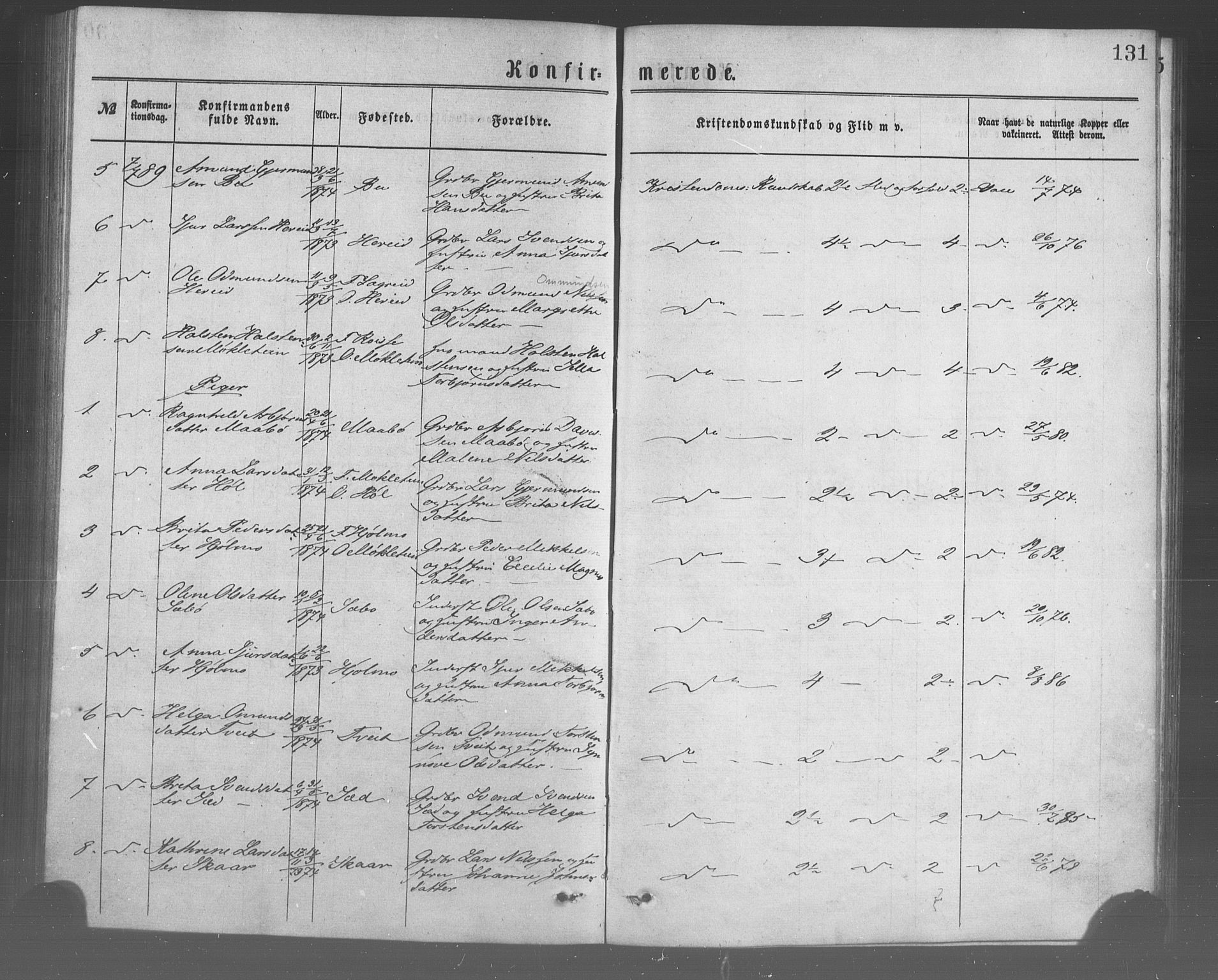 Ulvik sokneprestembete, SAB/A-78801/H/Haa: Parish register (official) no. A 17, 1873-1891, p. 131
