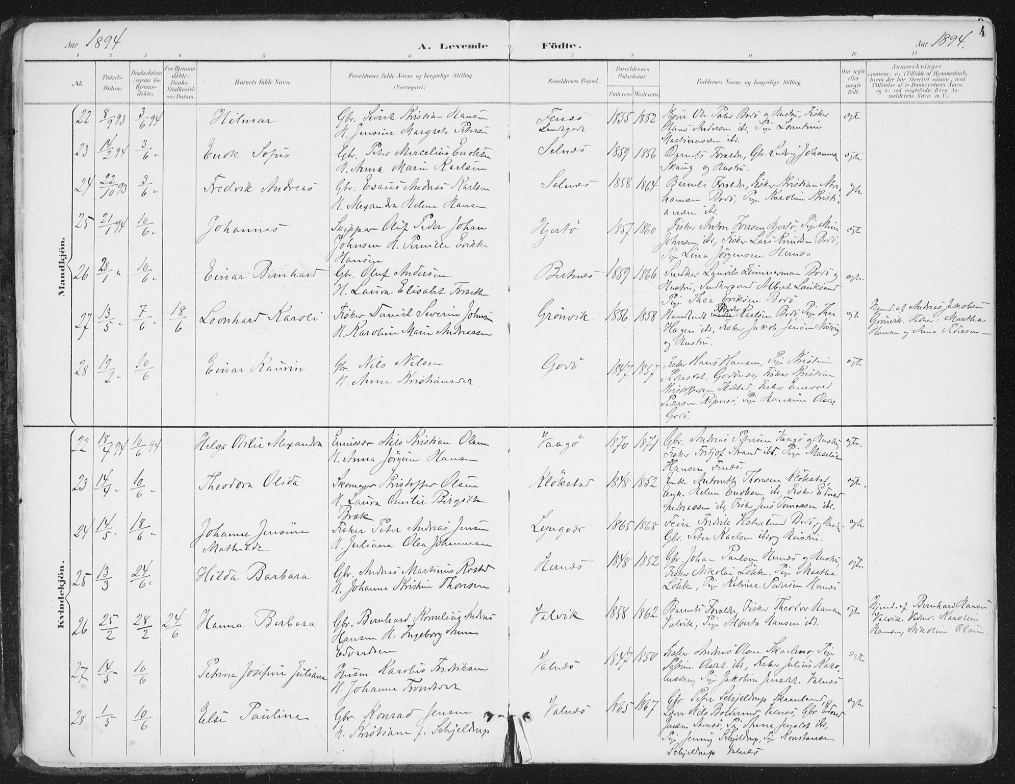 Ministerialprotokoller, klokkerbøker og fødselsregistre - Nordland, AV/SAT-A-1459/802/L0055: Parish register (official) no. 802A02, 1894-1915, p. 4