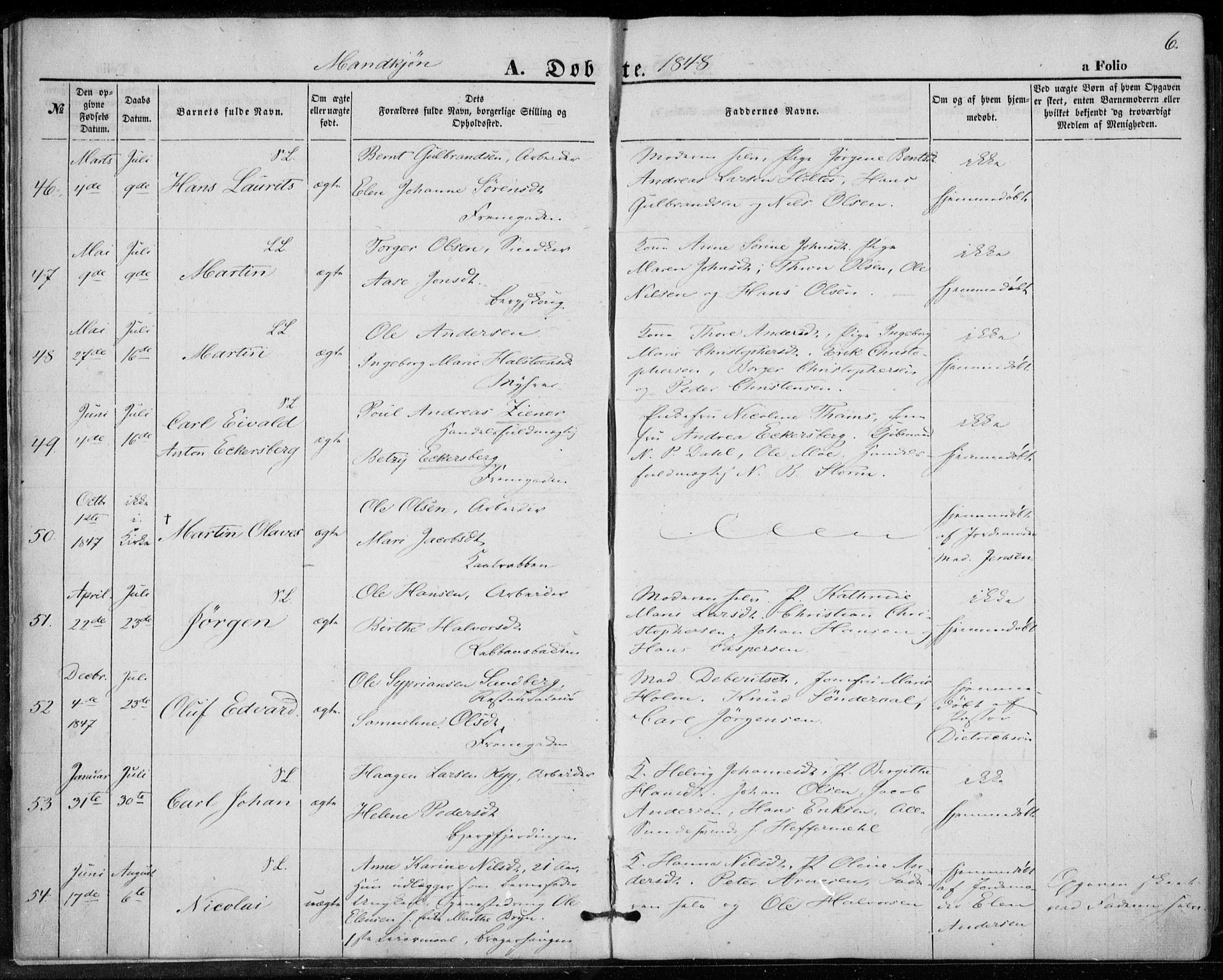 Bragernes kirkebøker, AV/SAKO-A-6/F/Fb/L0002: Parish register (official) no. II 2, 1848-1859, p. 6