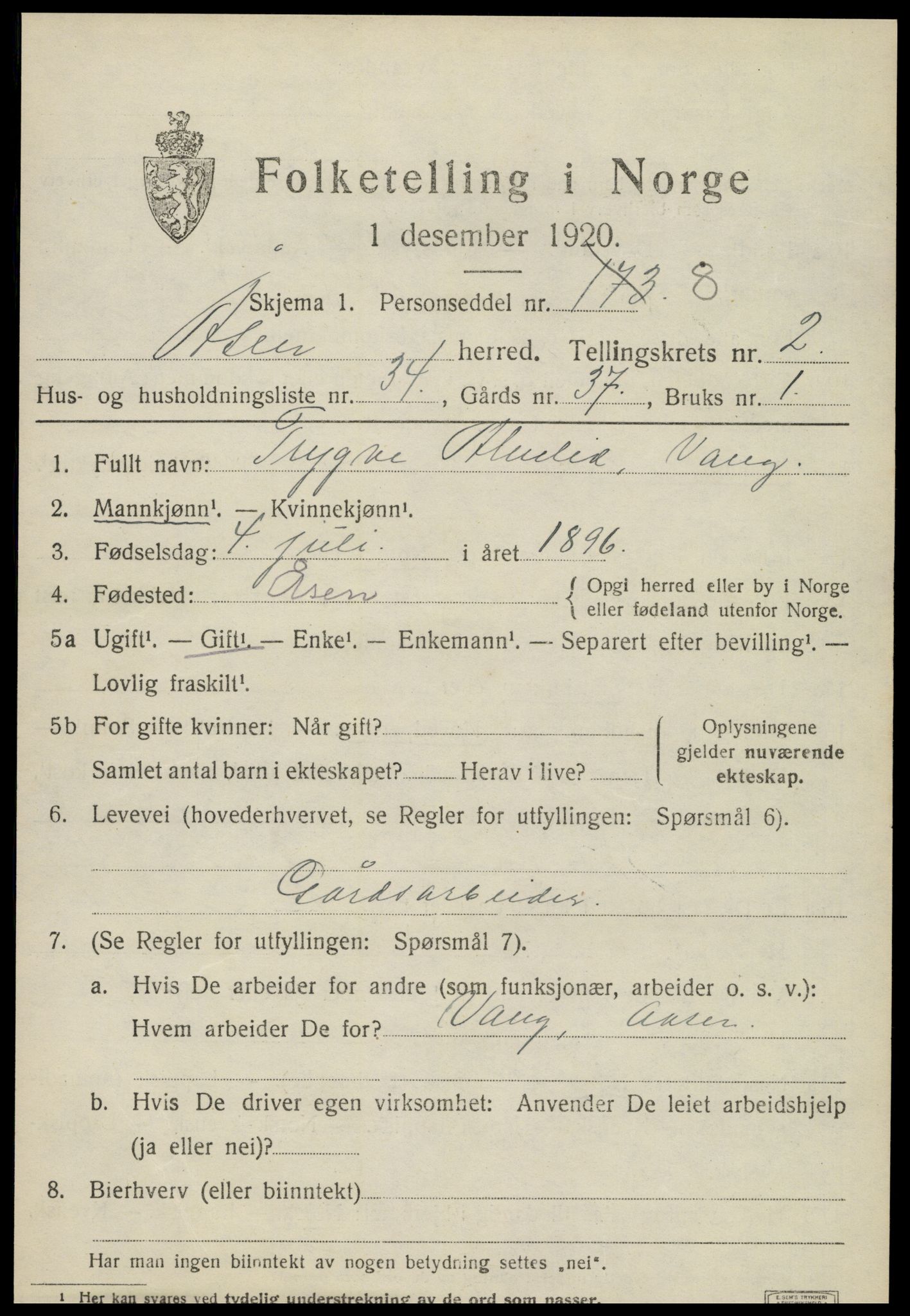 SAT, 1920 census for Åsen, 1920, p. 2052