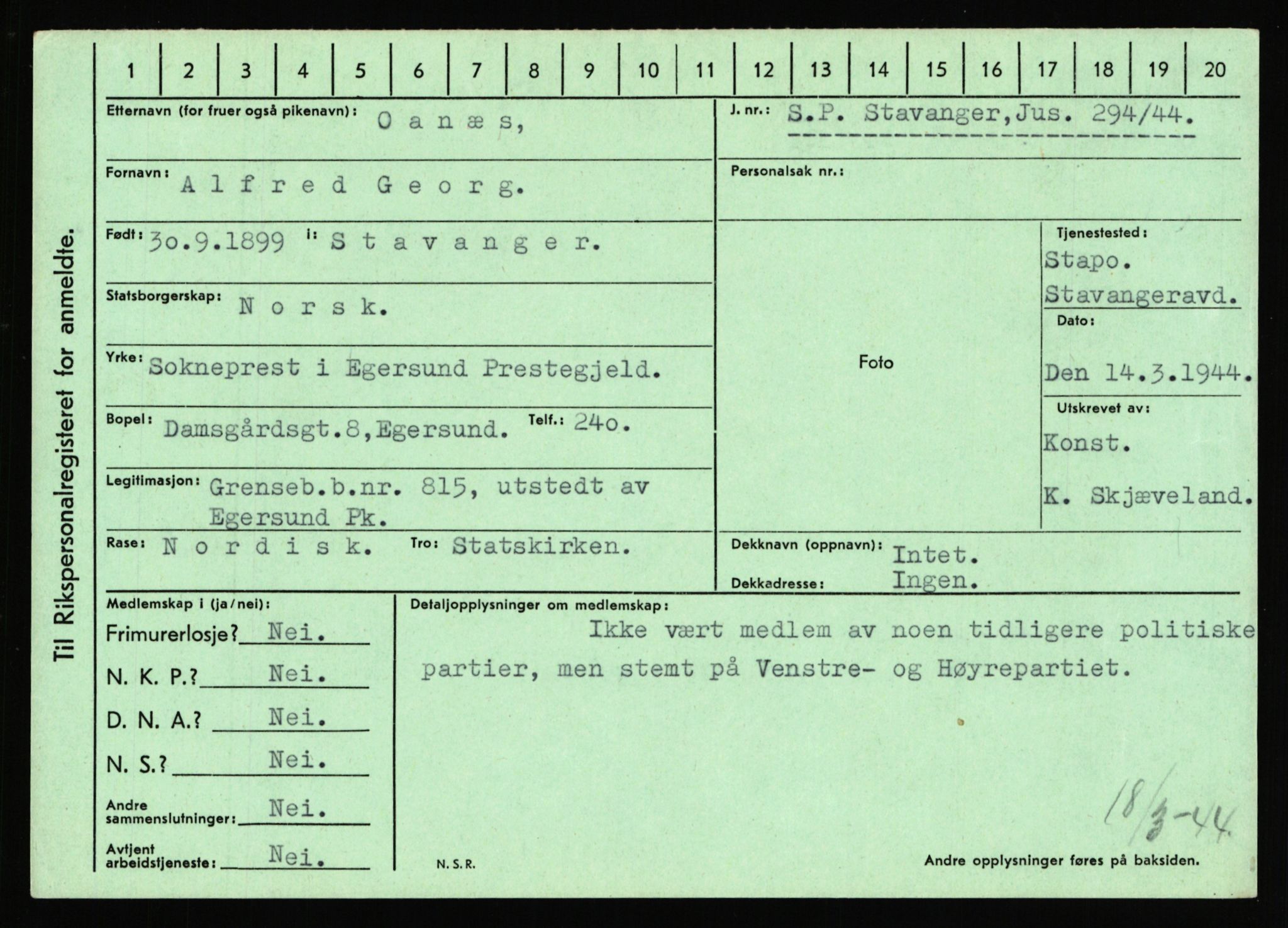 Statspolitiet - Hovedkontoret / Osloavdelingen, AV/RA-S-1329/C/Ca/L0012: Oanæs - Quistgaard	, 1943-1945, p. 2