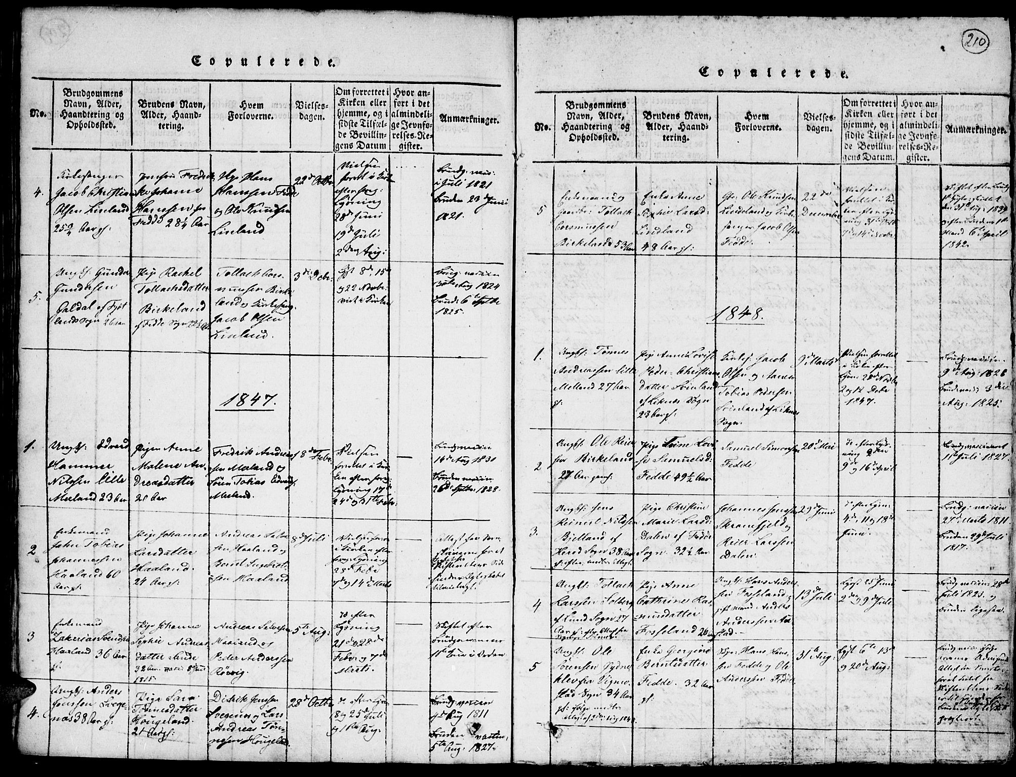 Kvinesdal sokneprestkontor, SAK/1111-0026/F/Fa/Faa/L0001: Parish register (official) no. A 1, 1815-1849, p. 210