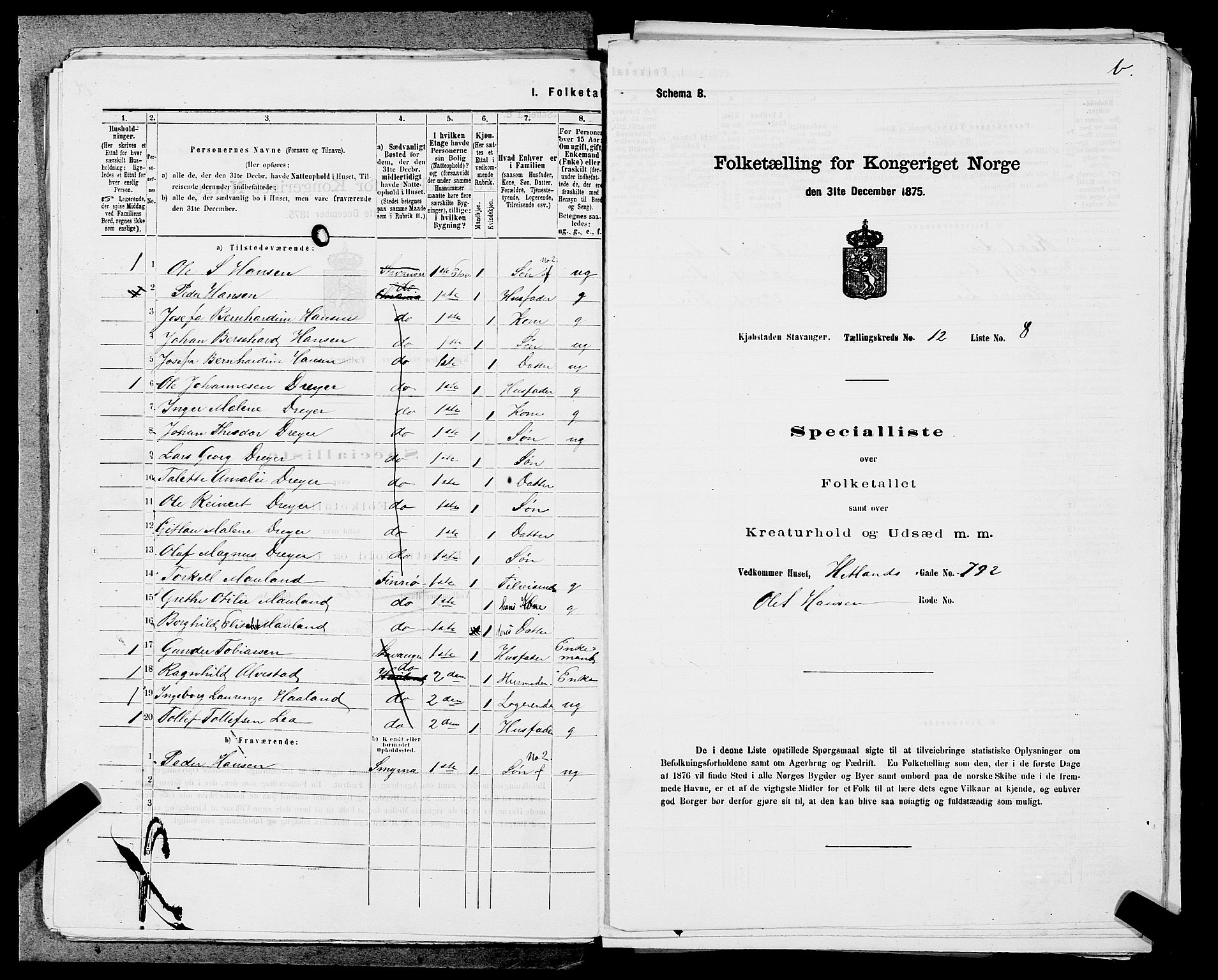 SAST, 1875 census for 1103 Stavanger, 1875, p. 2289
