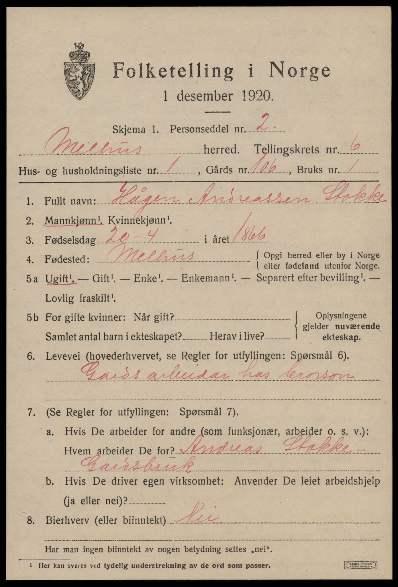 SAT, 1920 census for Melhus, 1920, p. 6001