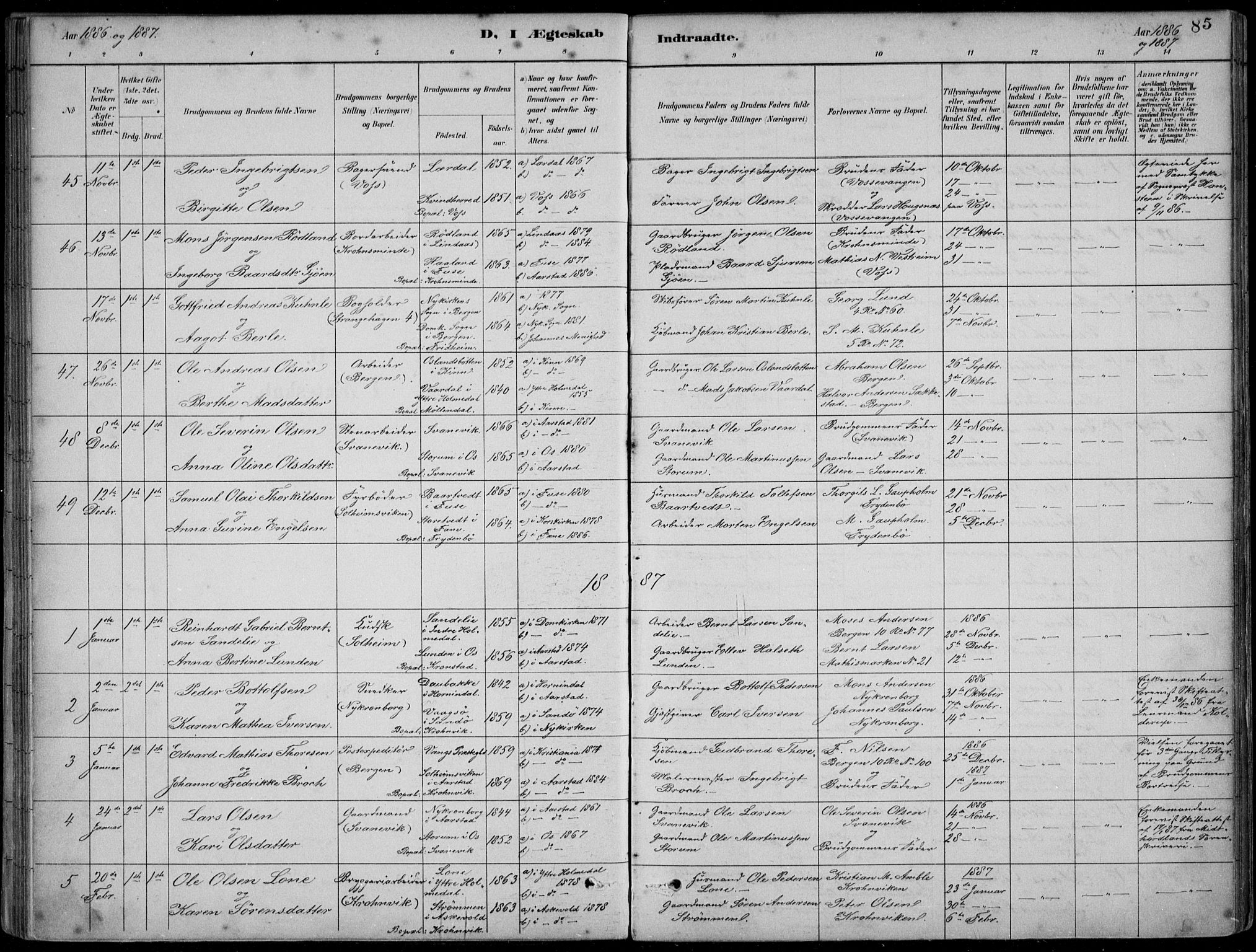 Årstad Sokneprestembete, SAB/A-79301/H/Hab/L0011: Parish register (copy) no. B 1, 1886-1901, p. 85